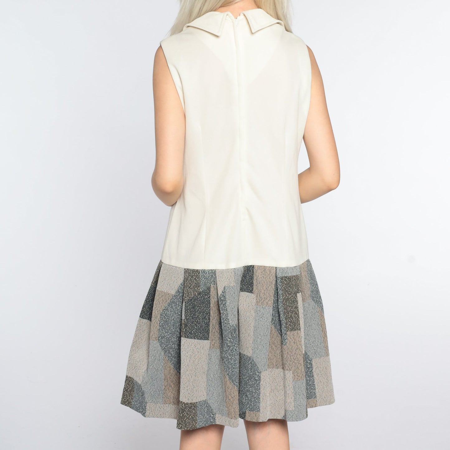 60s Mod Mini Dress Drop Waist Pleated Geometric Print Long Sleeve Large