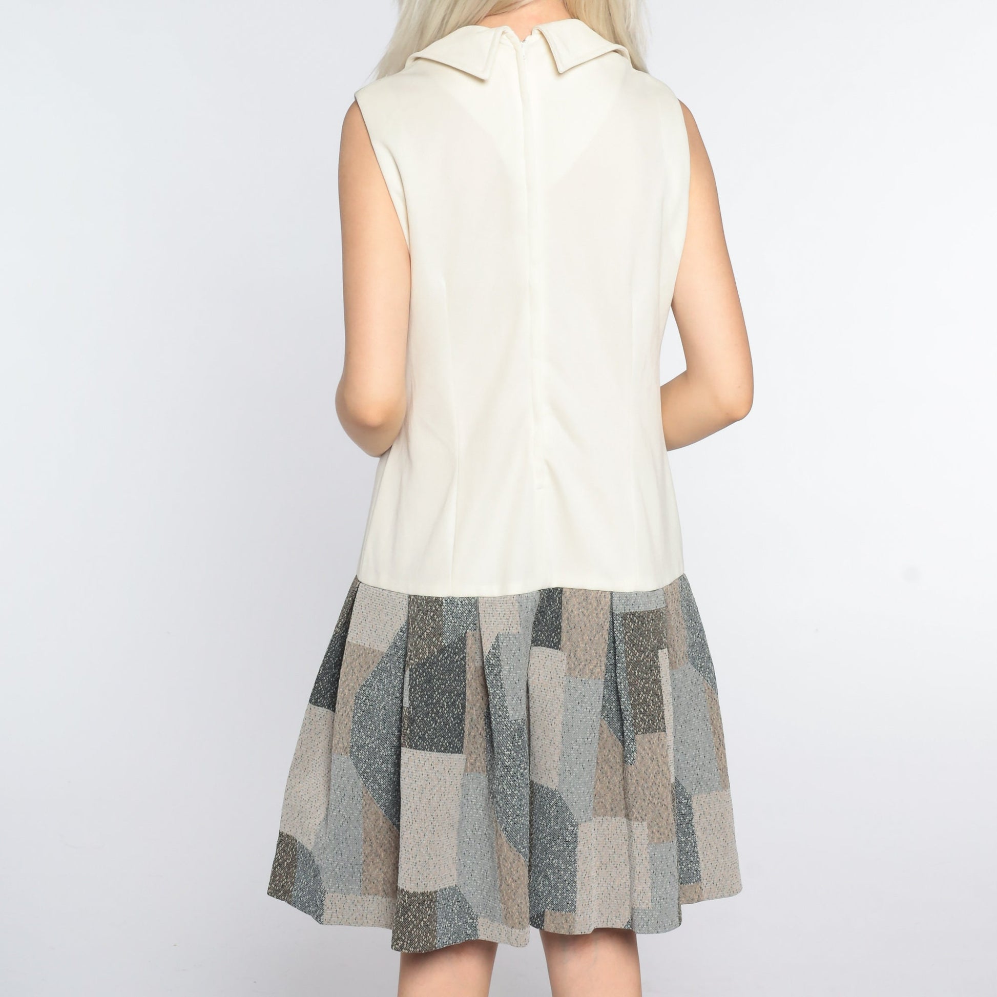 60s Mod Mini Dress Drop Waist Pleated Geometric Print Long Sleeve Large