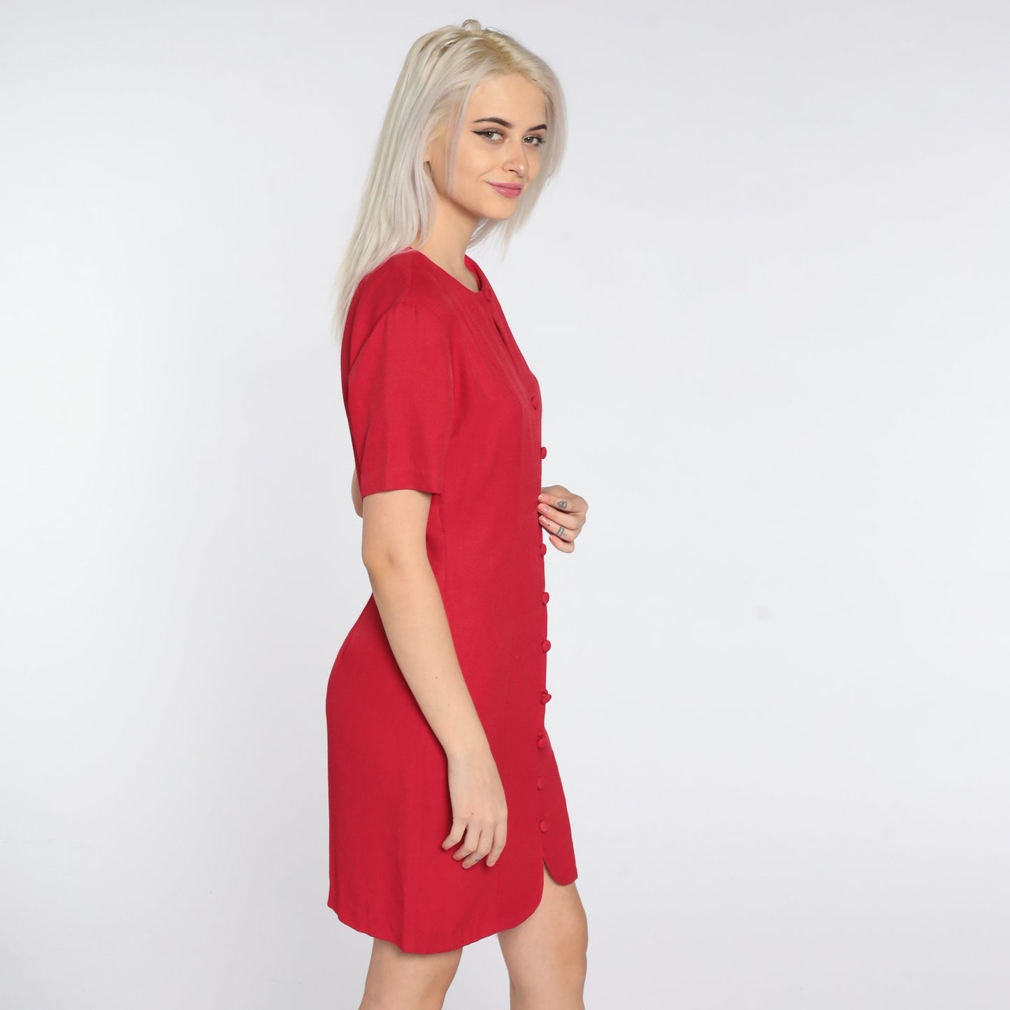 90s Red Mini Shift Dress Button Front Keyhole Short Sleeve Small