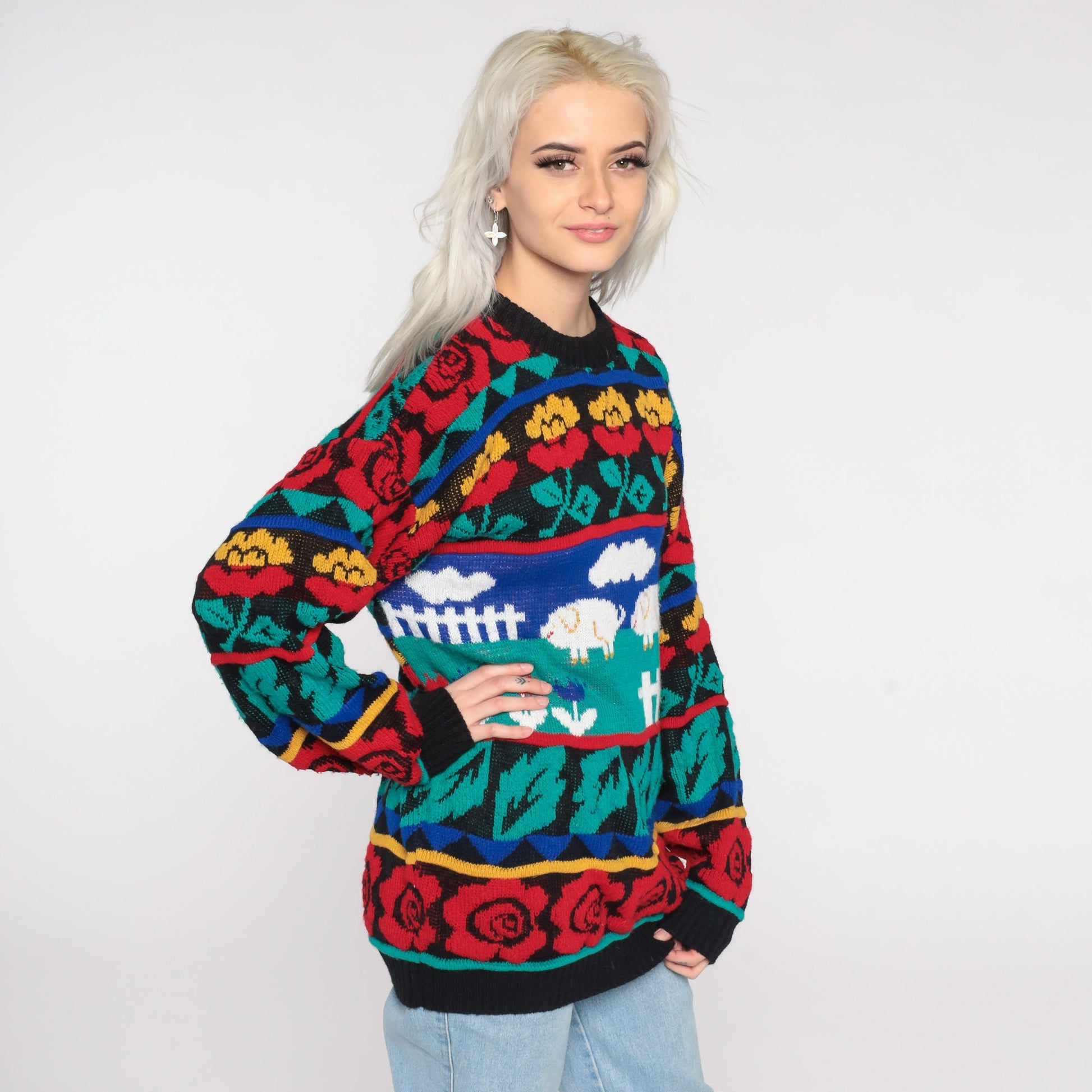 80s Pig Print Sweater Novelty Farm Animal Knit Pullover Rose Large L
