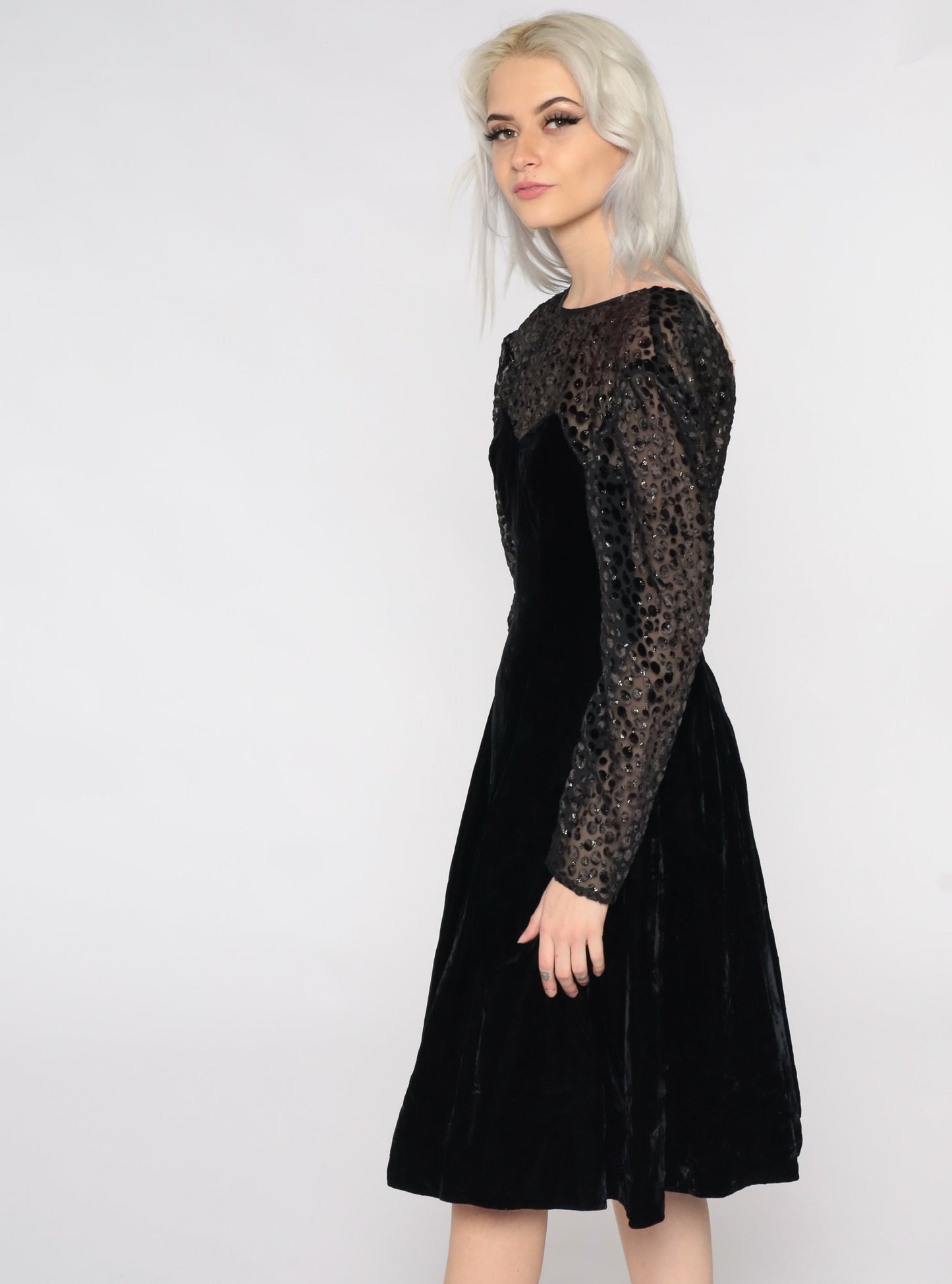 80s Black Velvet Party Dress Illusion Neckline Midi Long Sleeve Small 4