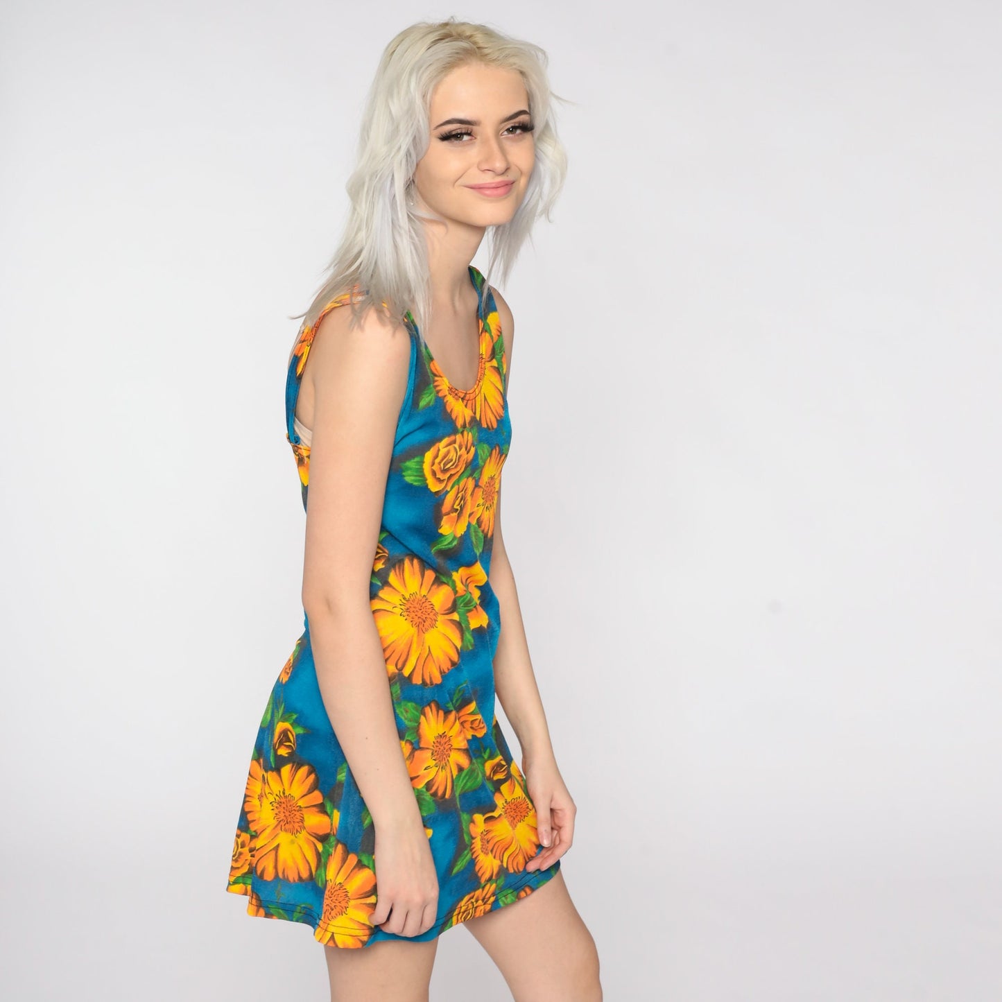 90s Floral Bodycon Mini Dress Blue Yellow Sleeveless Small Medium