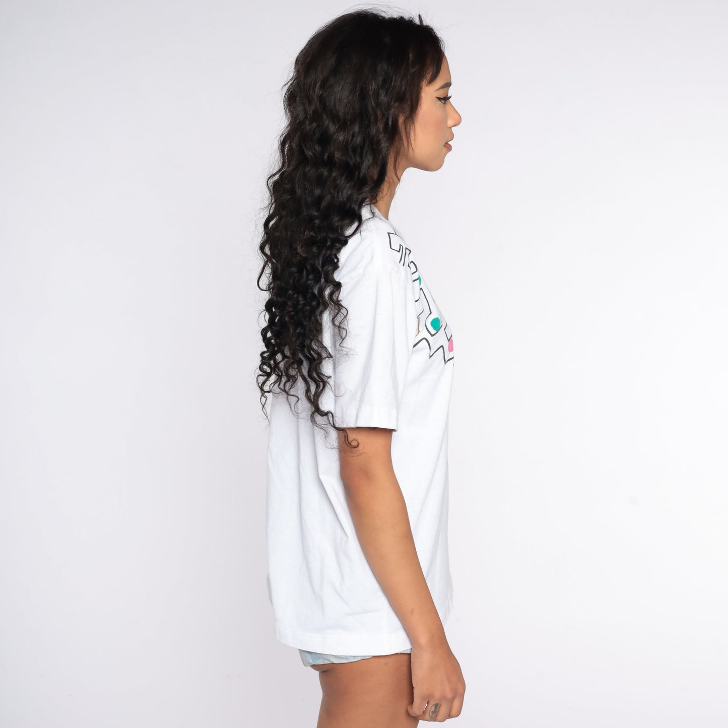 90s Geometric Glitter T-Shirt White Gold Paint Graphic Tee Medium