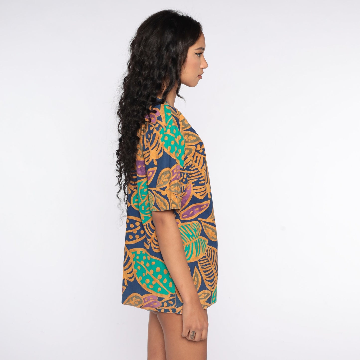 90s Tropical Leaf Graphic T-Shirt Jungle Print Vintage Surfer Tee Large L