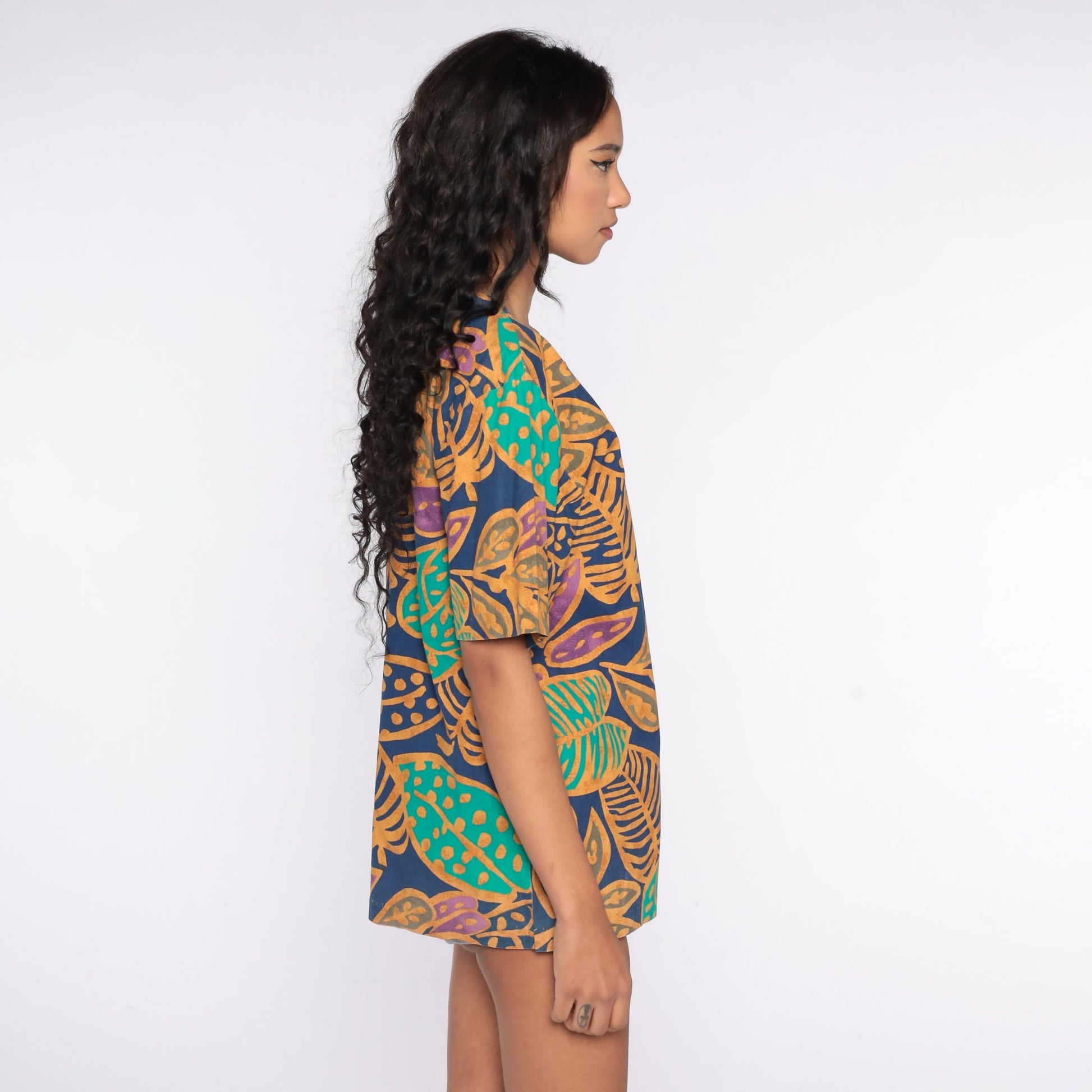 90s Tropical Leaf Graphic T-Shirt Jungle Print Vintage Surfer Tee Large L