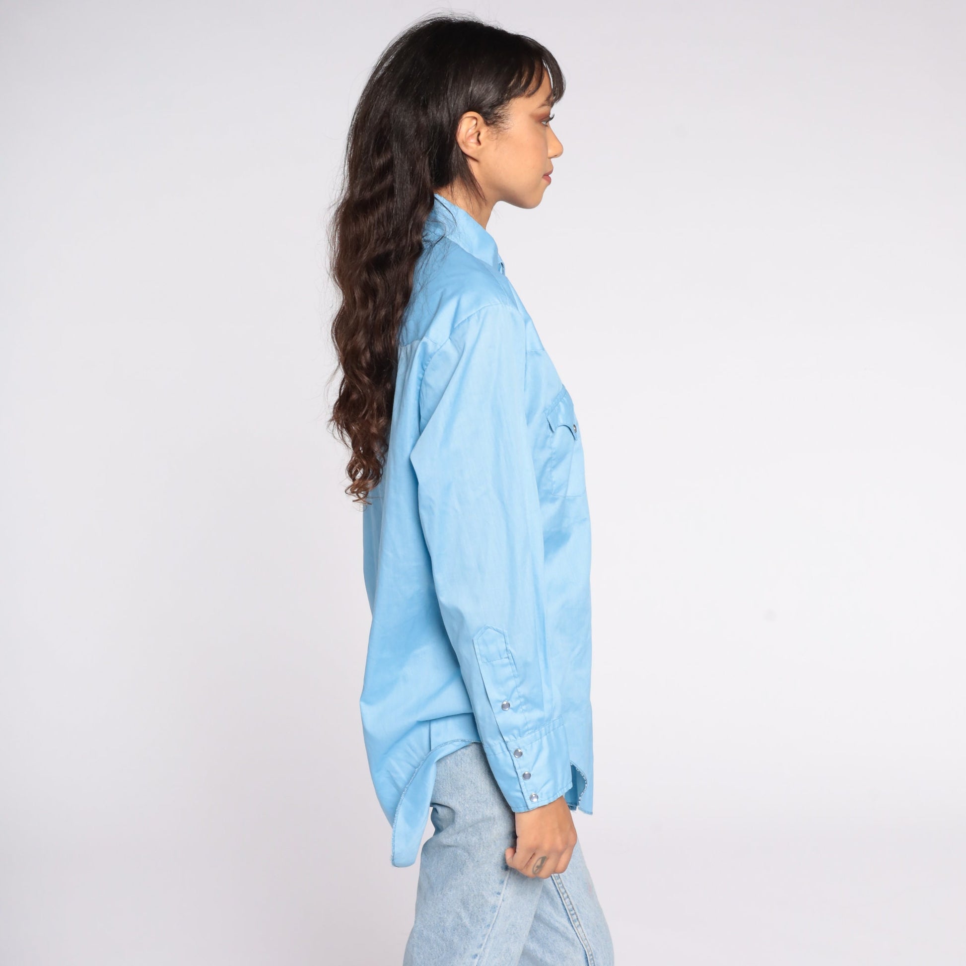 70s Blue Western Button-Up Shirt Long Sleeve Cotton Blend Medium