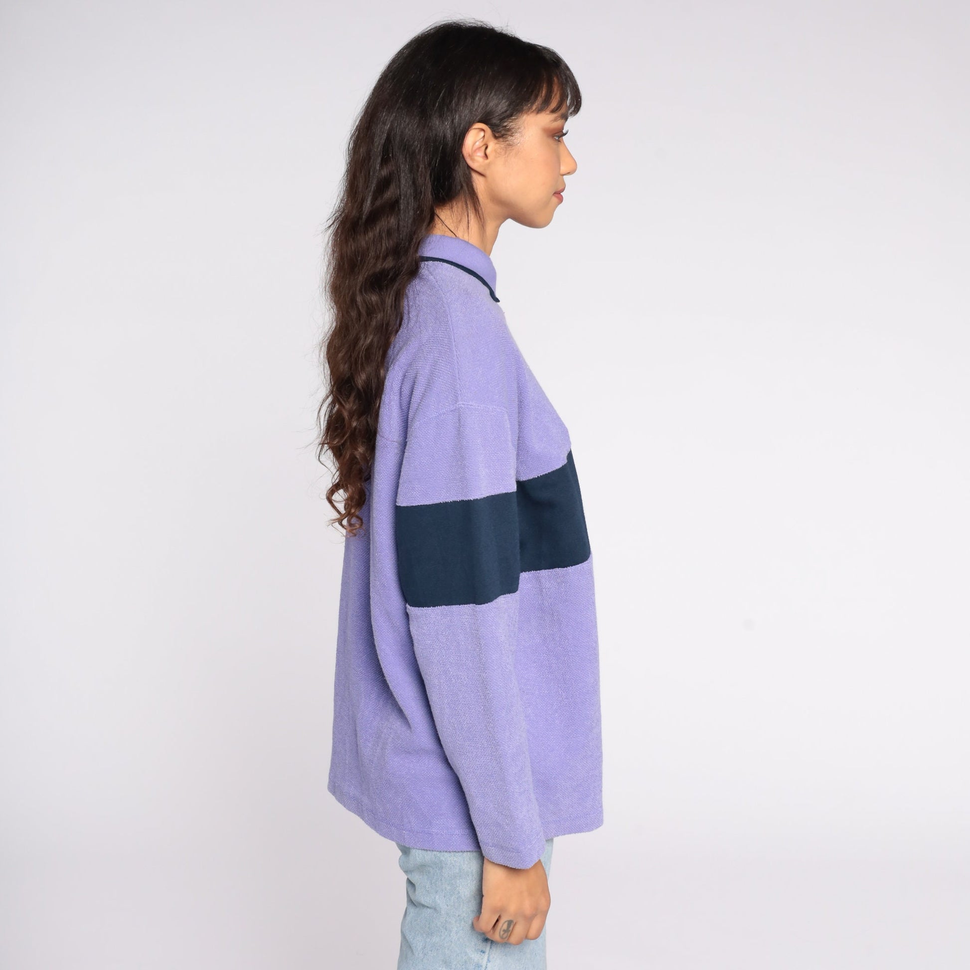 80s Purple Navy Striped Sweatshirt Collared Pullover Petite Medium