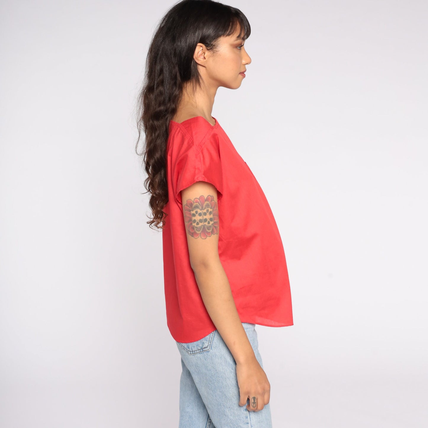 80s Red Cap Sleeve Blouse Cotton Blend Plain Shirt Large L