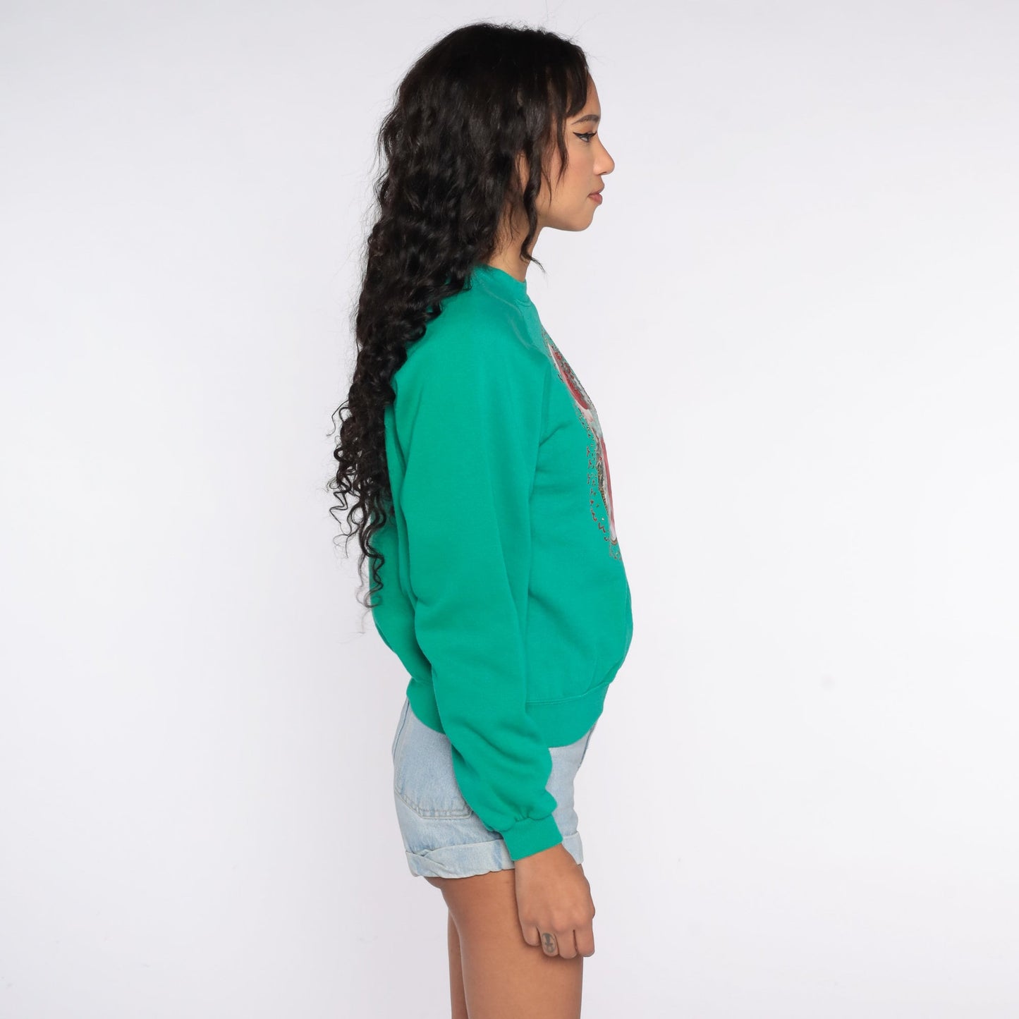 80s Christmas Sweater Woman Raglan Glitter Green Knit Extra Small XS