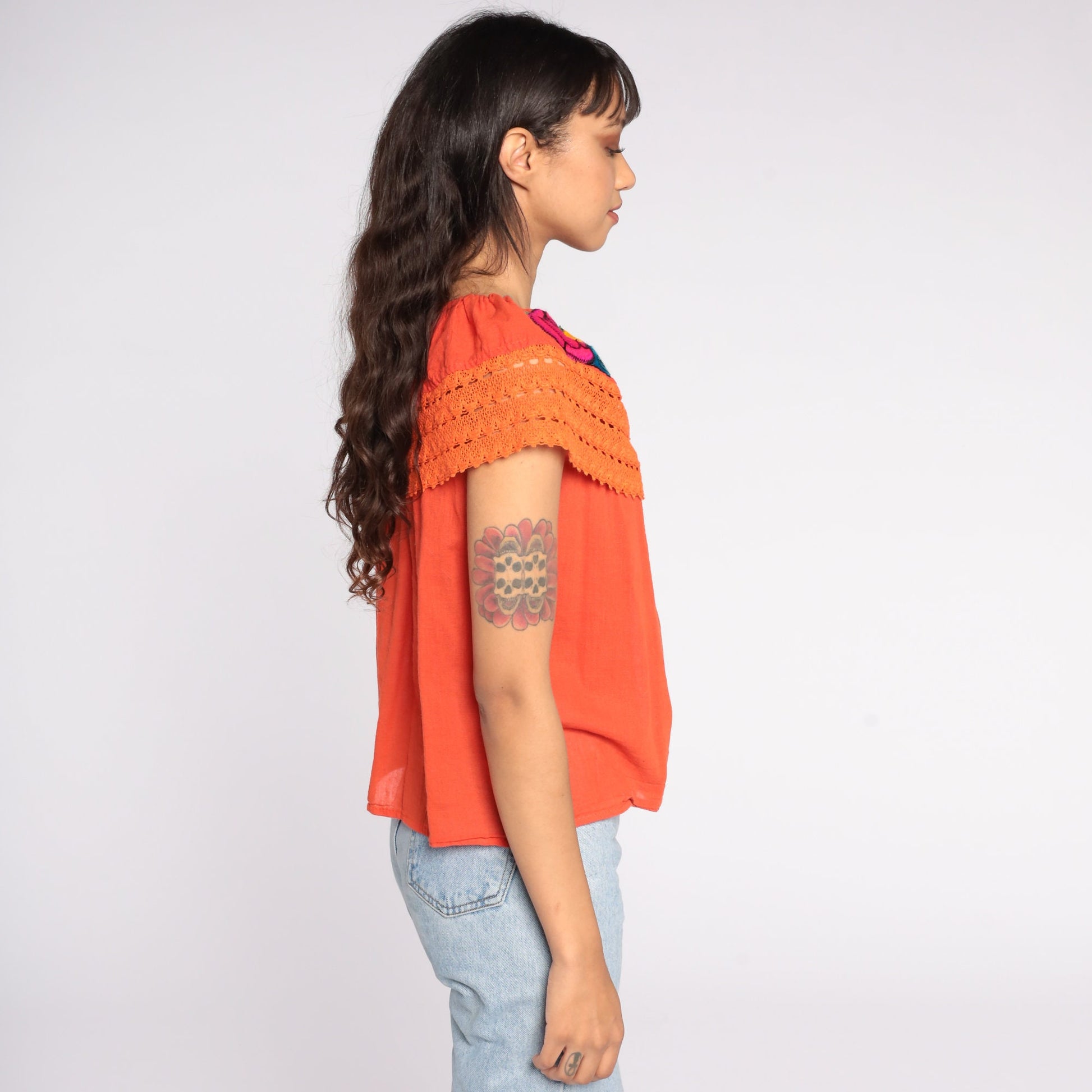 90s Mexican Embroidered Cotton Tunic Blouse Orange Floral Off-Shoulder Small