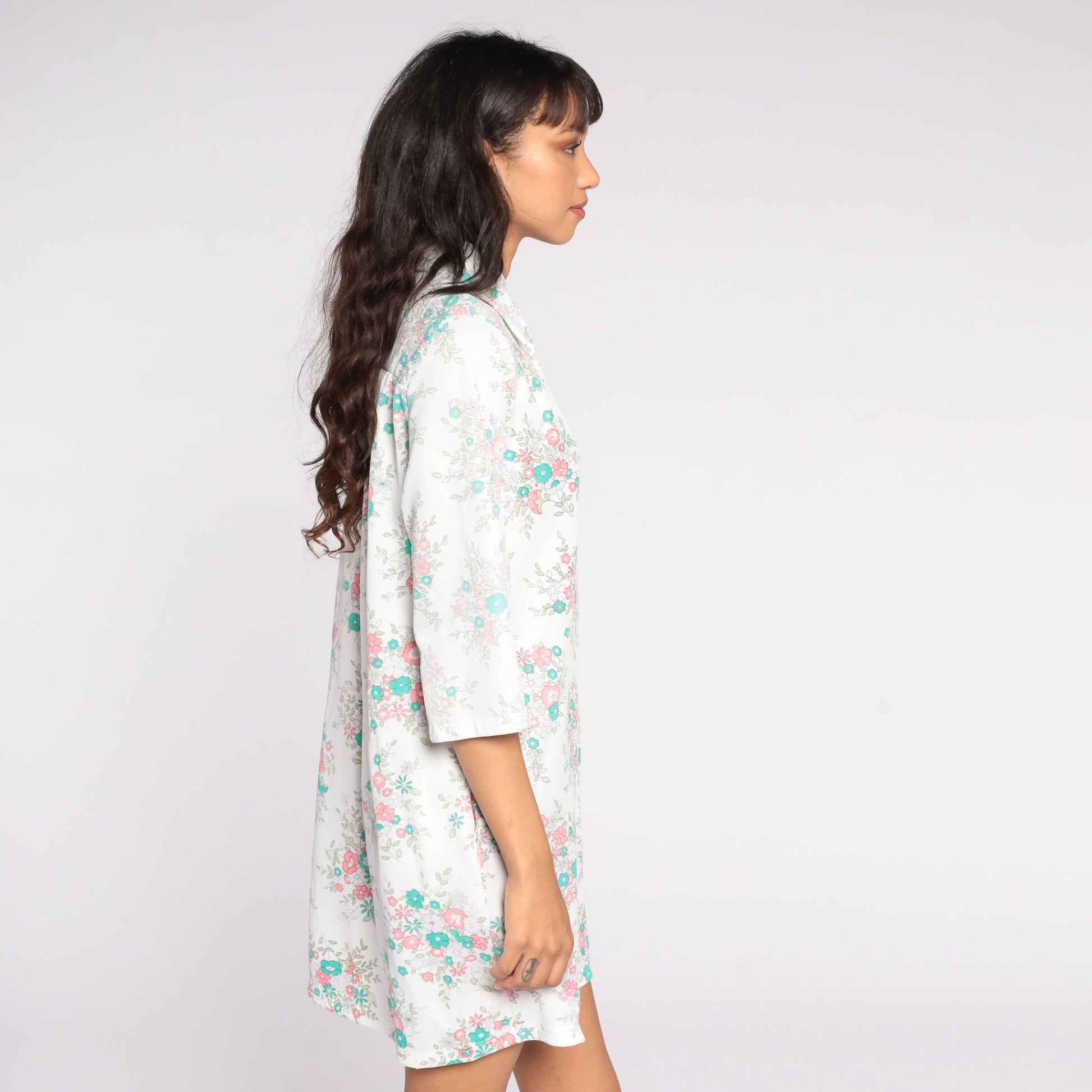 60s Floral Print Shift Dress White Button-Up Lounge Tunic Medium Large