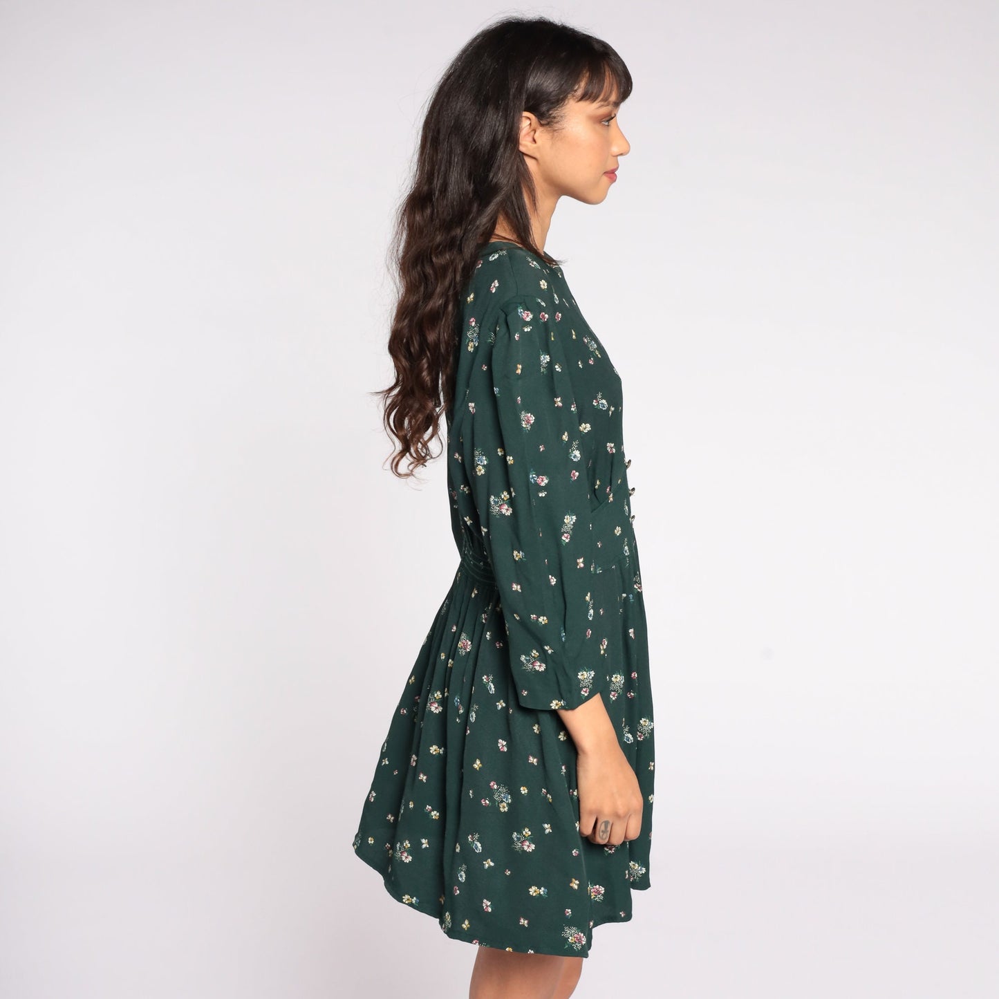 80s Green Floral Mini Dress Puff Sleeve High Waisted Medium