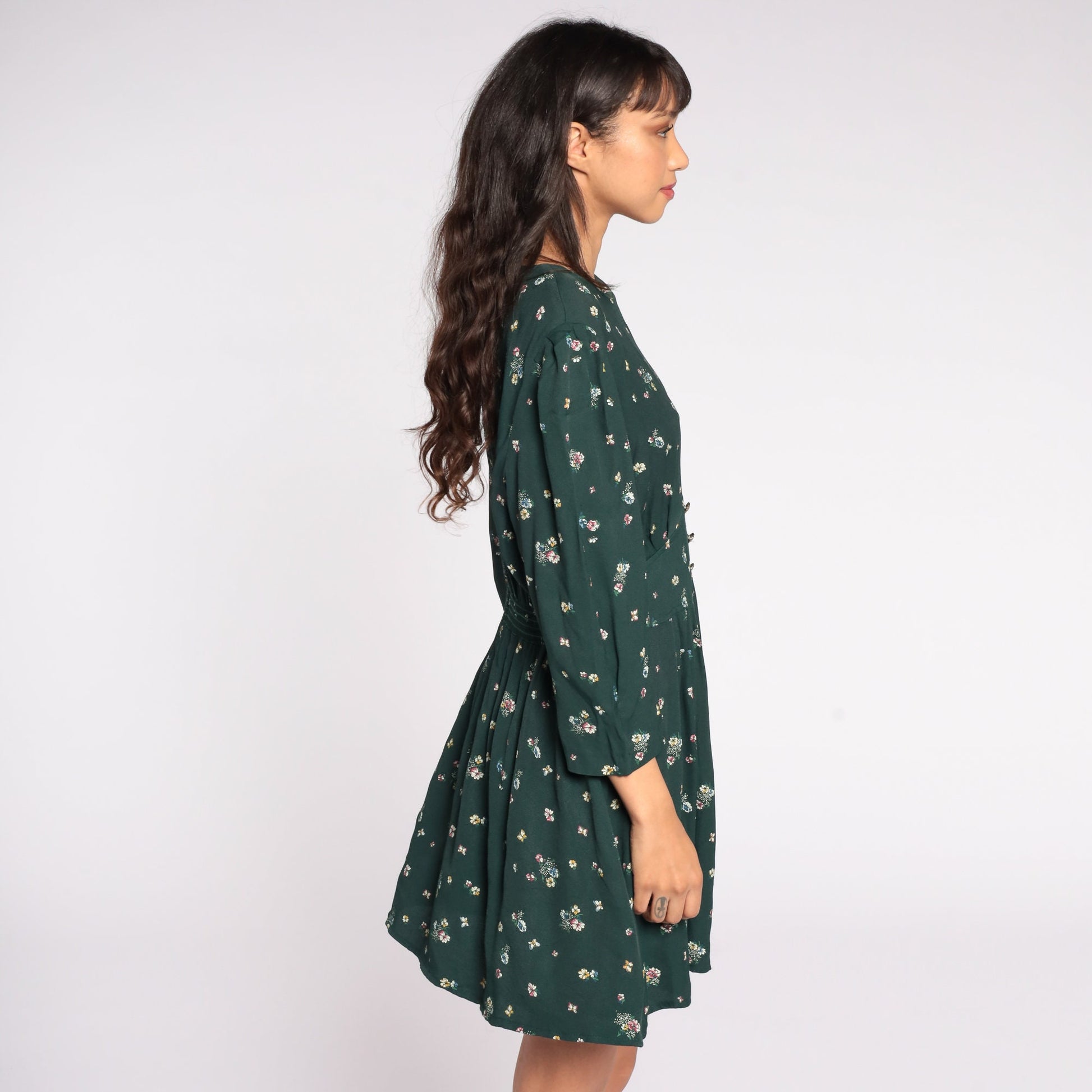 80s Green Floral Mini Dress Puff Sleeve High Waisted Medium