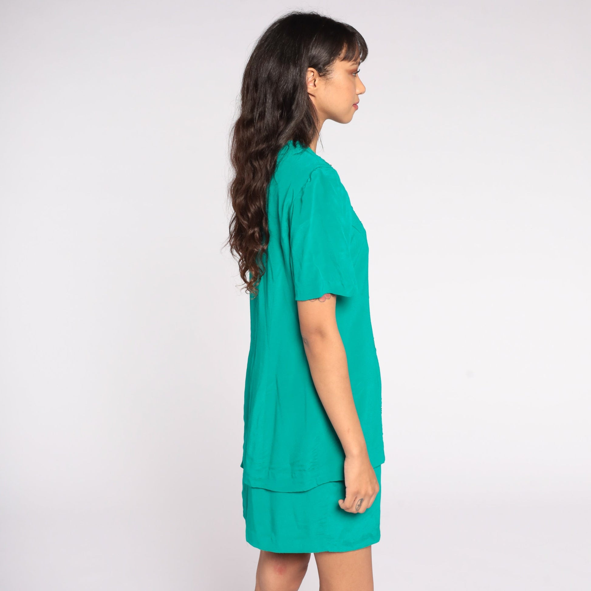 90s Green Beaded Soutache Mini Dress Button-Up Sheath Short Sleeve Medium