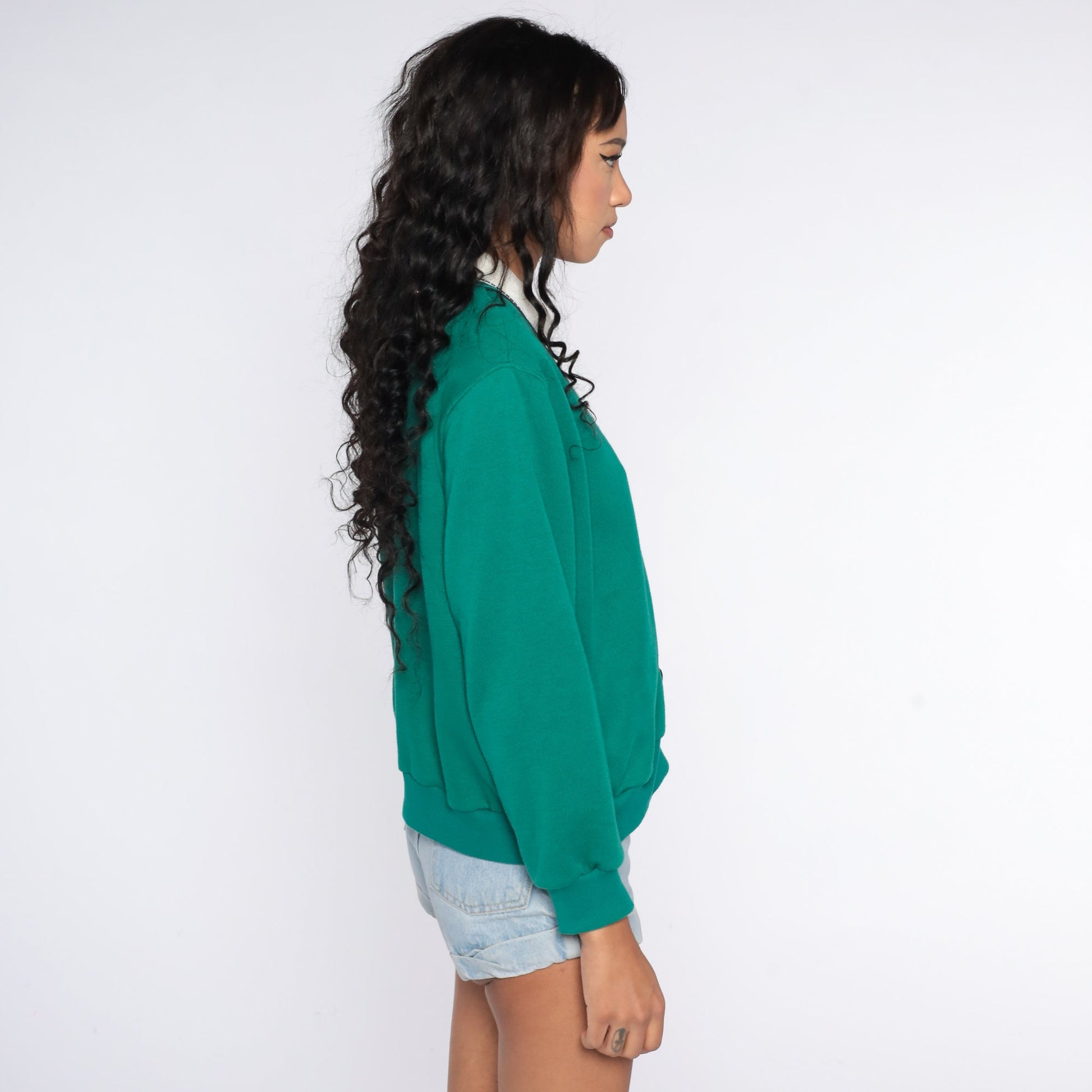 80s Floral Embroidered Sweatshirt Green Layered 2fer Pullover Large L