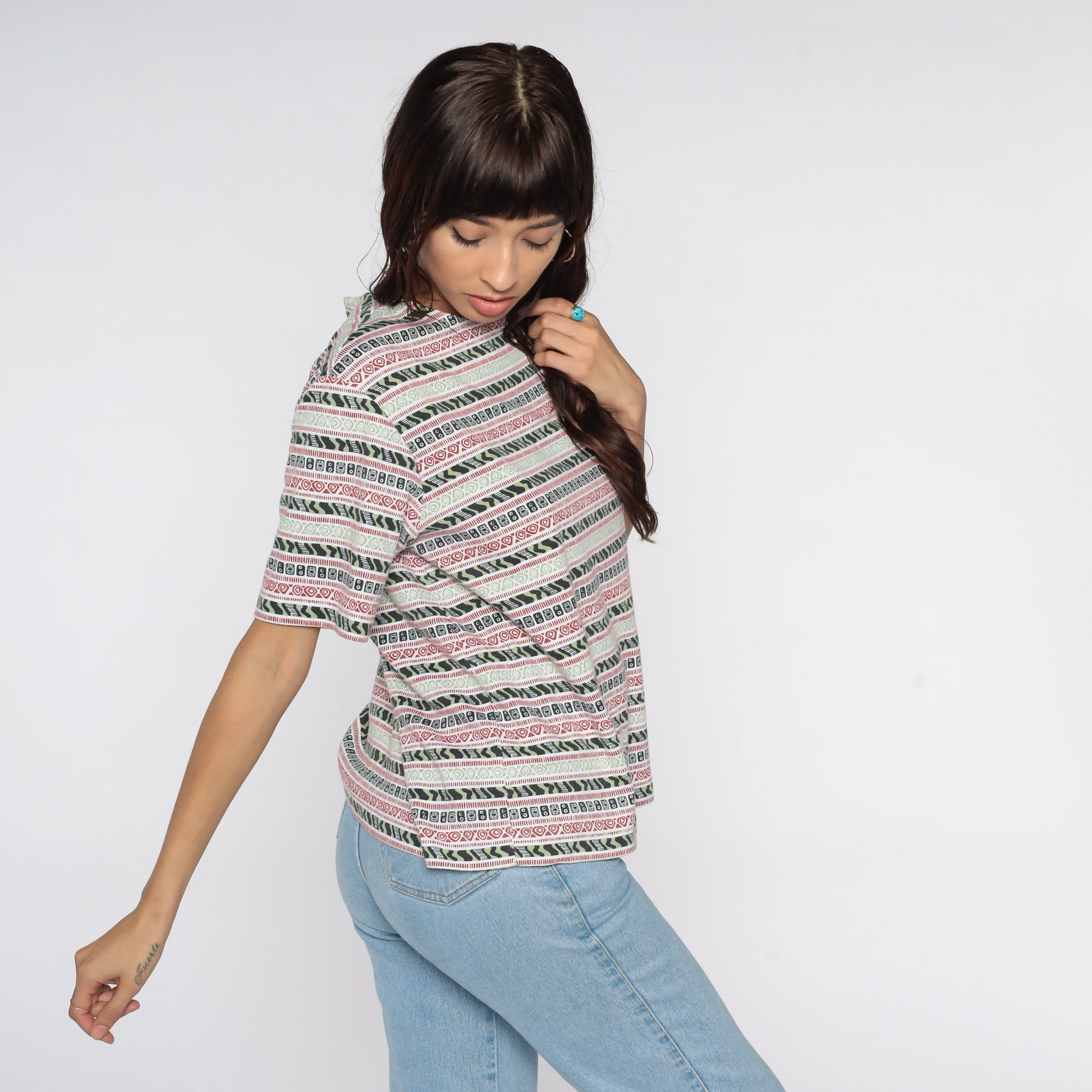 90s Cabin Creek Geometric Striped T-Shirt Grey Cotton Medium