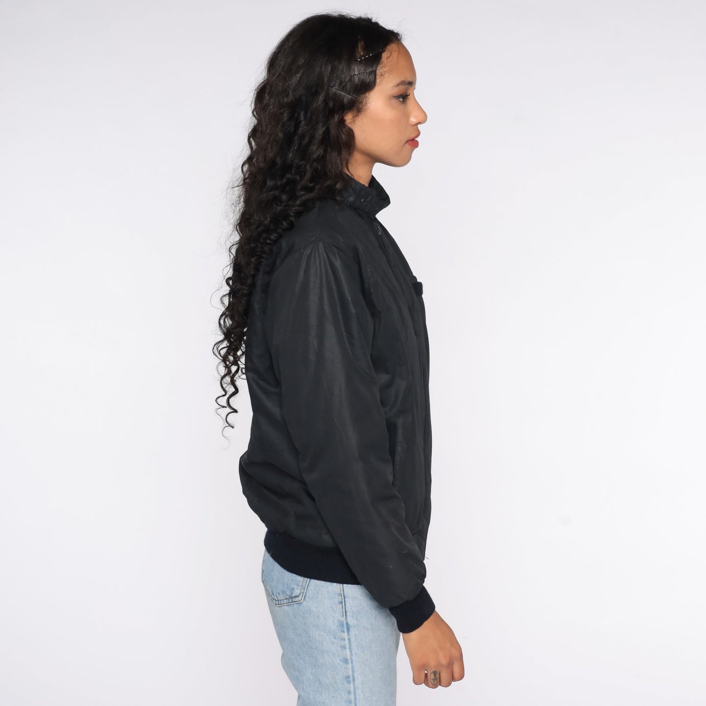 80s Black Bomber Jacket Epaulette Windbreaker Cafe Racer Small