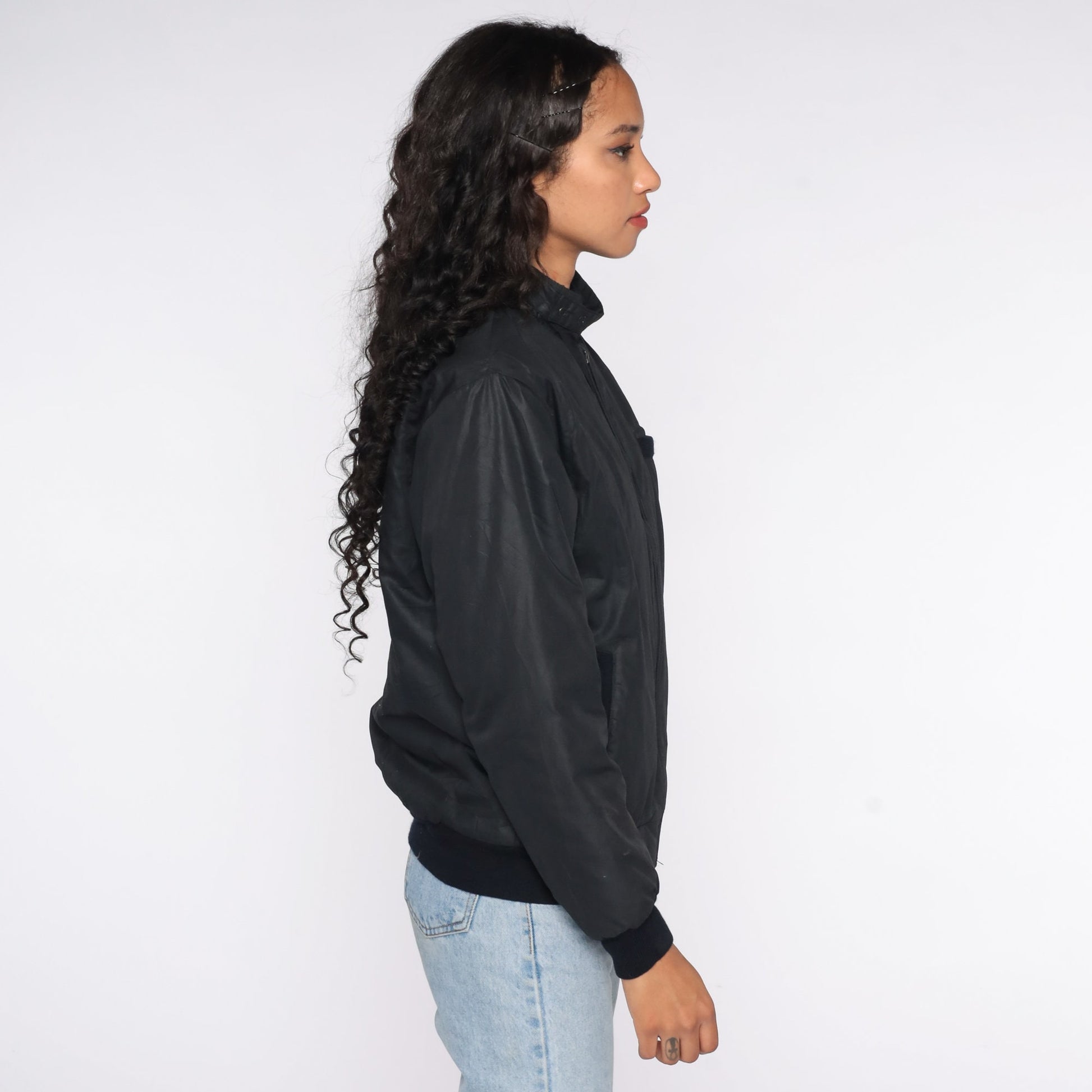 80s Black Bomber Jacket Epaulette Windbreaker Cafe Racer Small