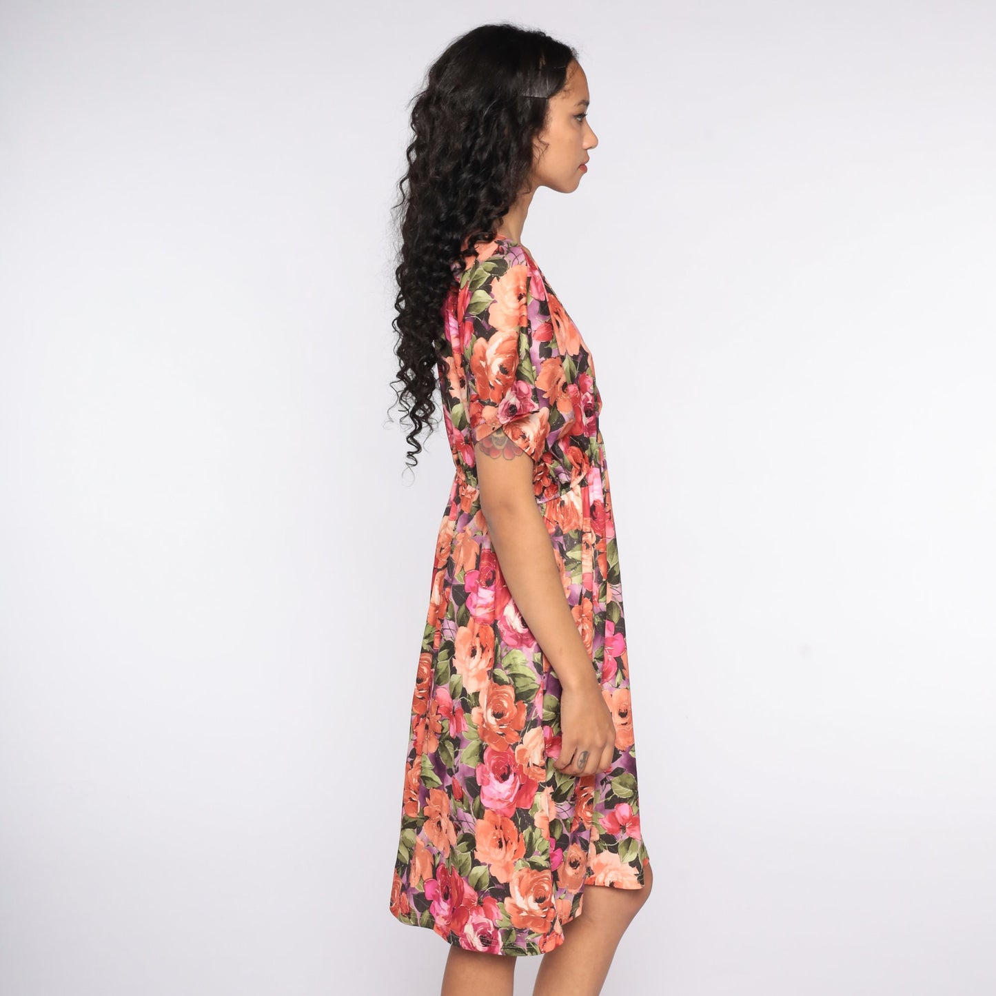 80s Floral Midi Dress Deep V Neck High Waist Short Sleeve Medium