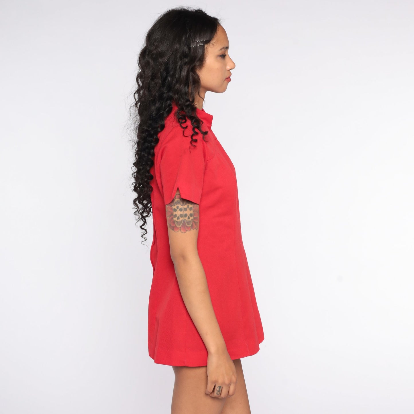 70s Red Mandarin Collar Shirt Polyester Short Sleeve Blouse Medium