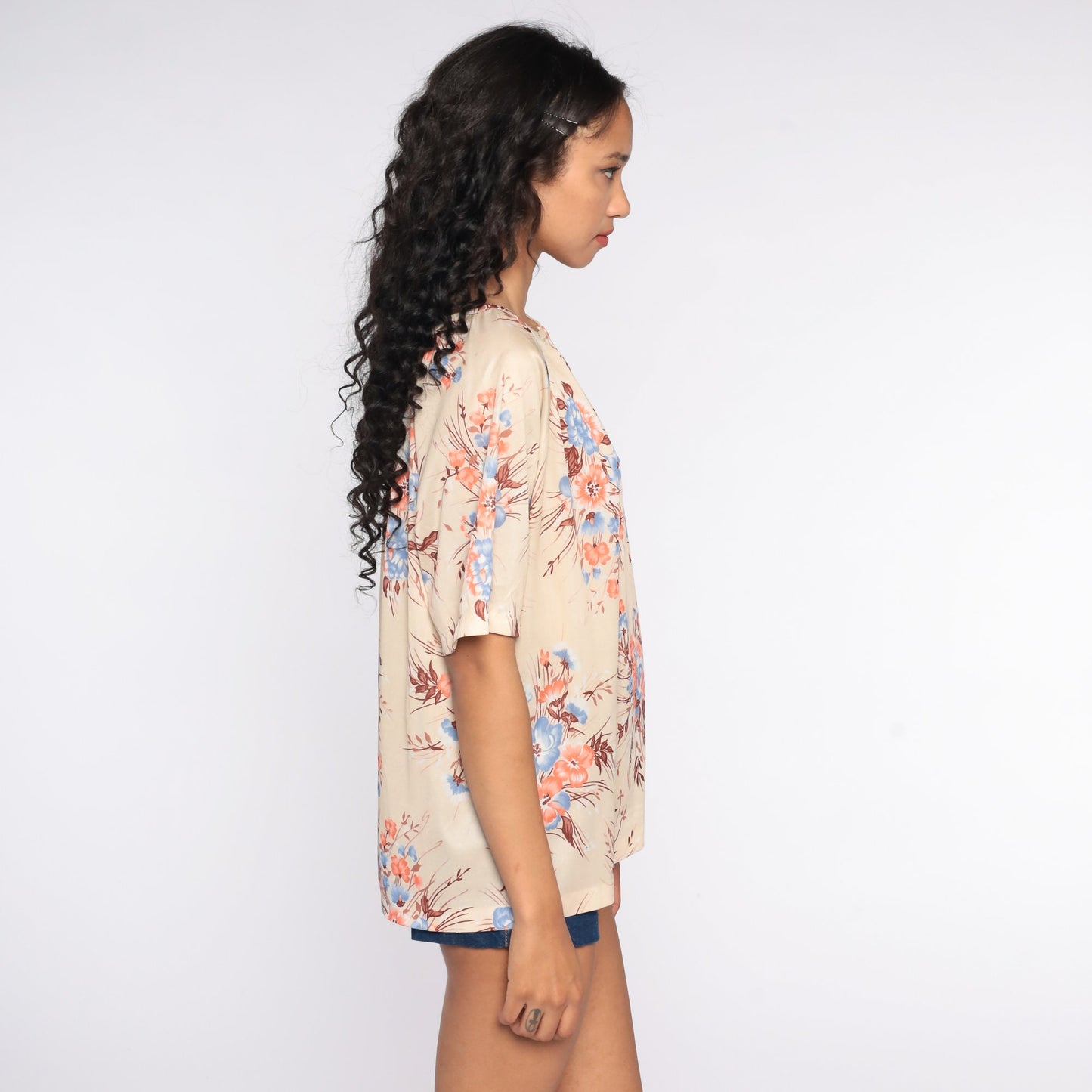 70s Floral Keyhole Blouse Cream Short Sleeve Vintage Shirt Large