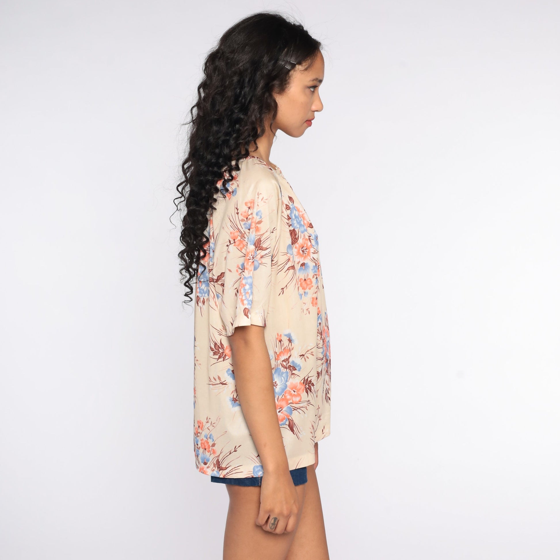 70s Floral Keyhole Blouse Cream Short Sleeve Vintage Shirt Large
