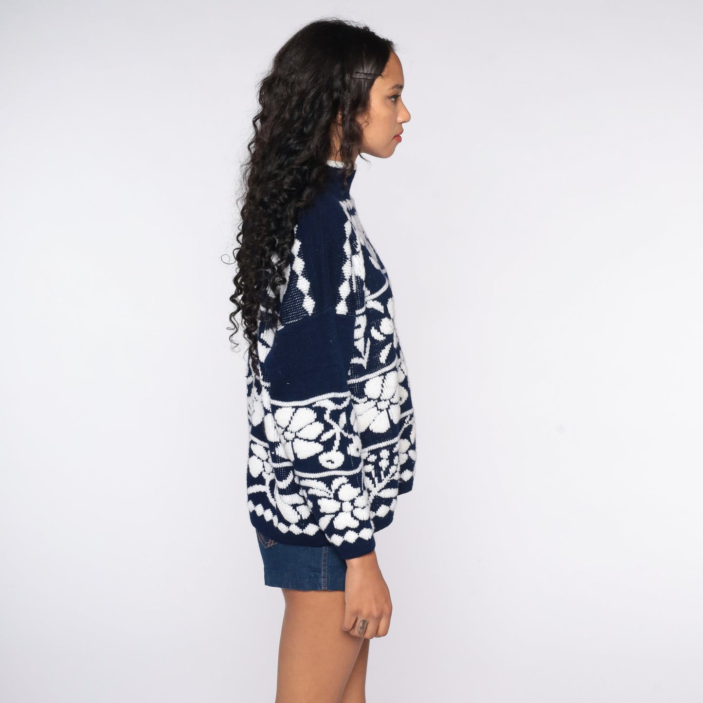 80s Floral Mock Neck Sweater Navy Blue Pullover Large