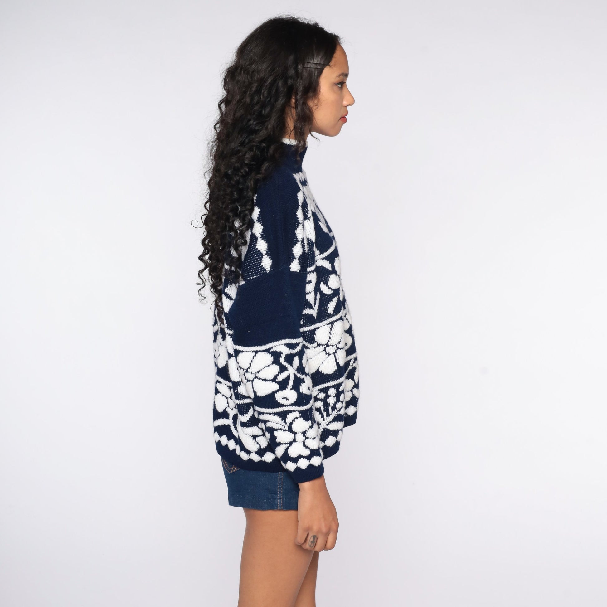 80s Floral Mock Neck Sweater Navy Blue Pullover Large