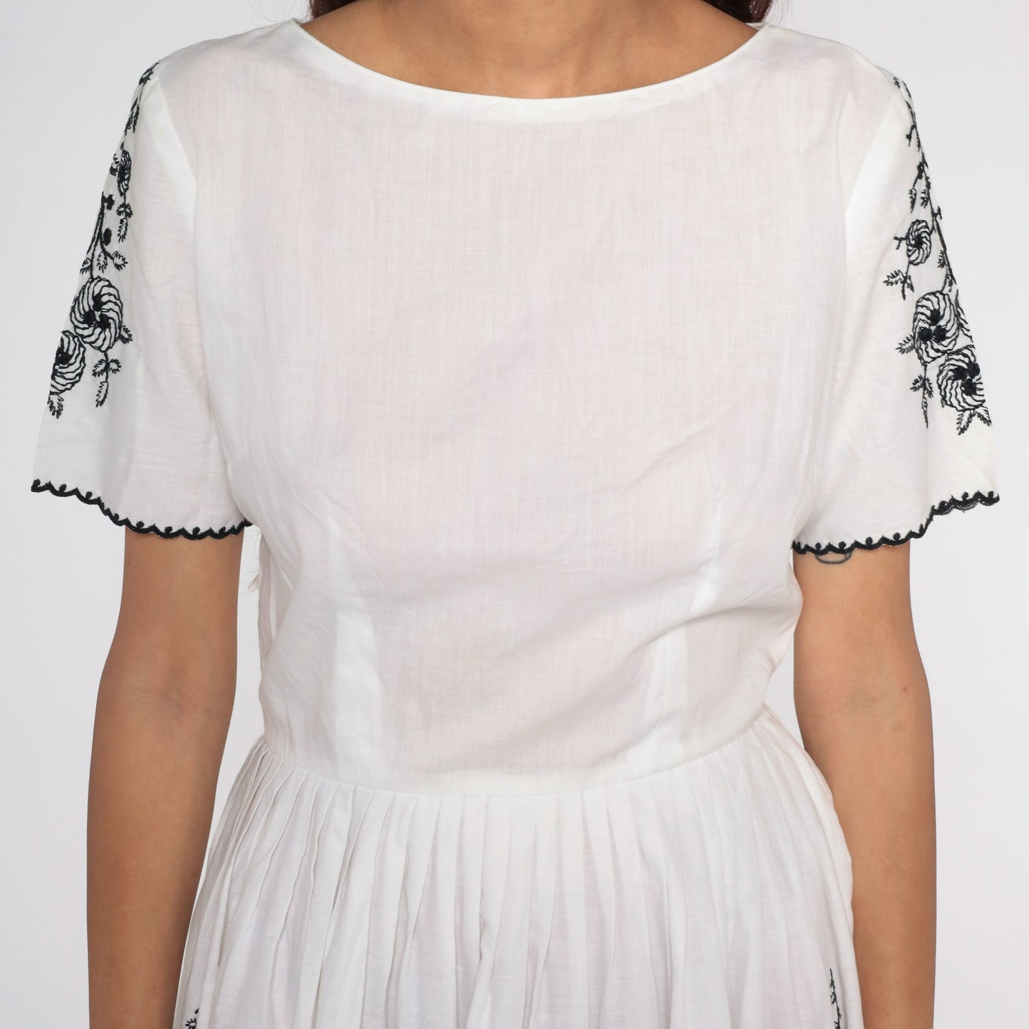 60s L'Aiglon Black White Floral Embroidered Midi Dress Cotton Small