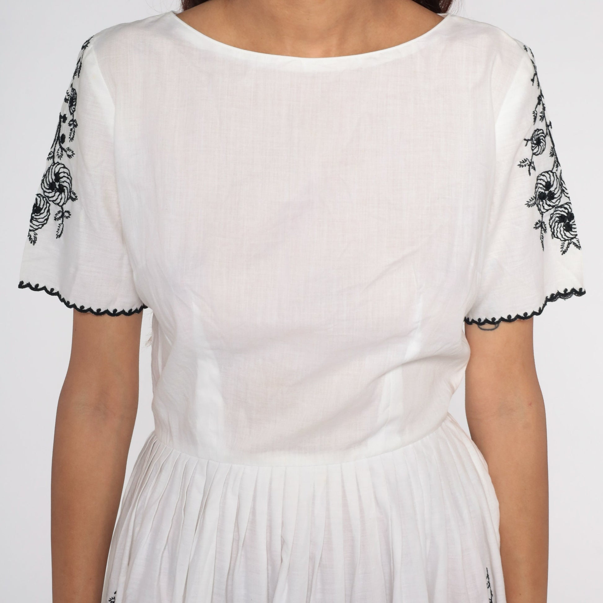 60s L'Aiglon Black White Floral Embroidered Midi Dress Cotton Small