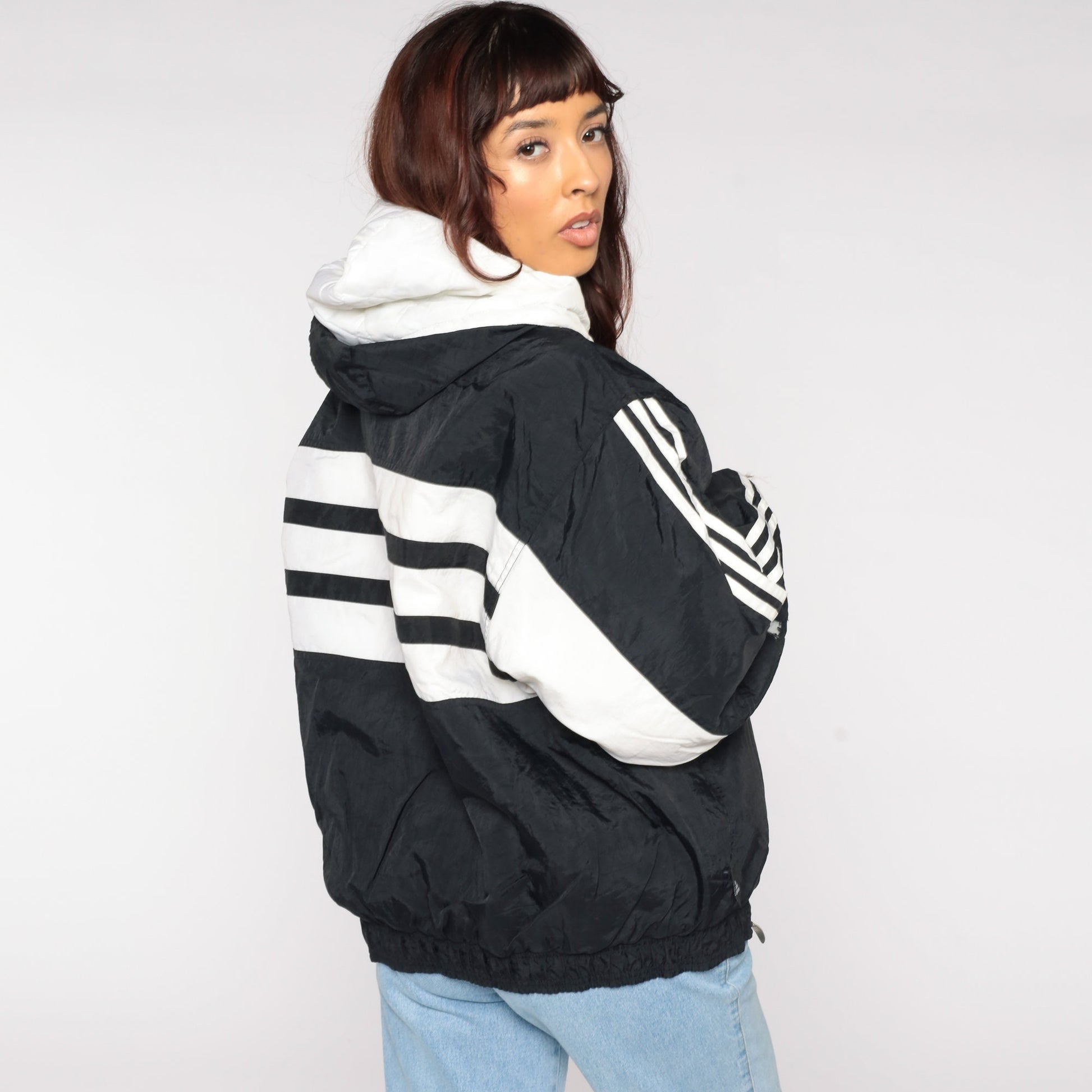 90s Adidas Black Nylon Hooded Jacket Striped Medium