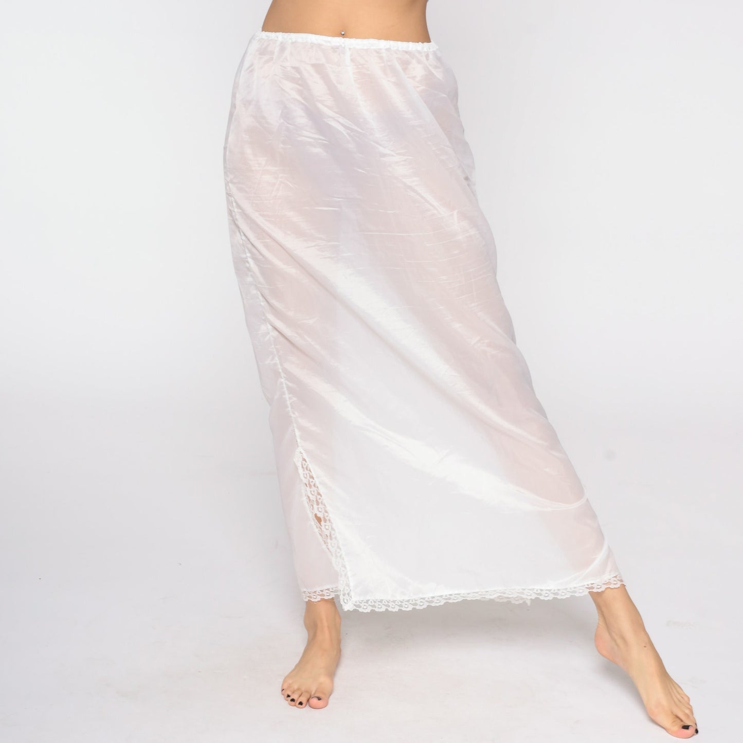70s White Sheer Slip Skirt Lace Trim Maxi Small Medium