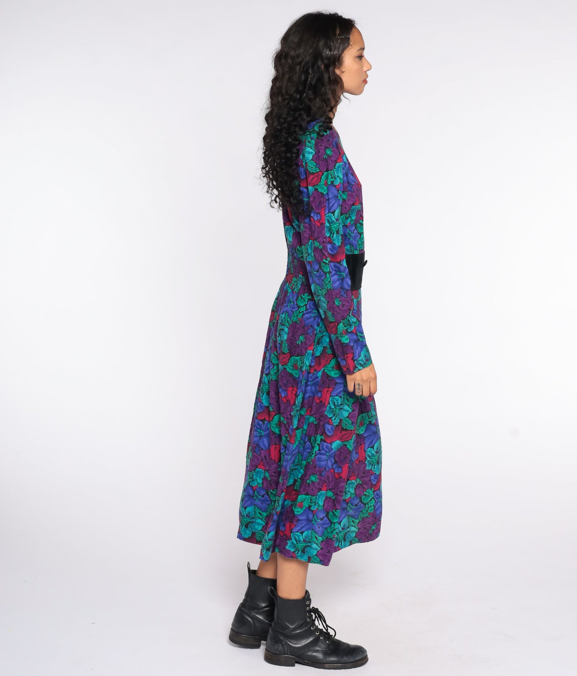 80s Floral Midi Dress High Waist Long Sleeve Pleated Print Medium
