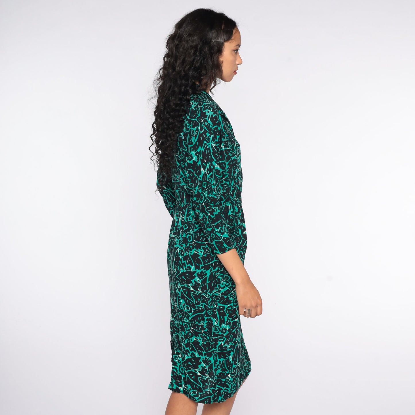 80s Tropical Jungle Print Midi Dress High Waisted Pencil Button Up Green Small