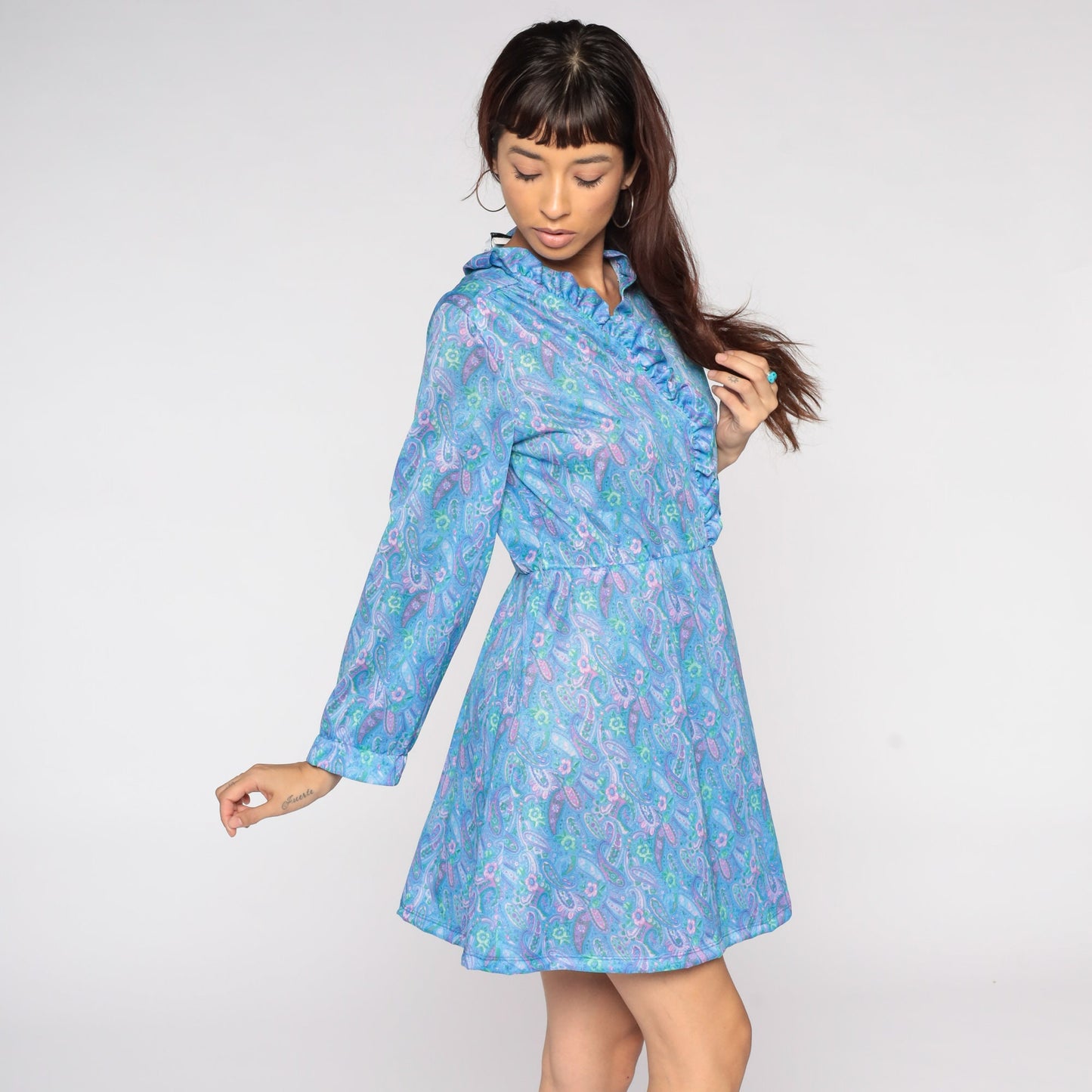 80s Blue Paisley Print Mini Dress Long Sleeve High Waist Ruffle V Neck Medium