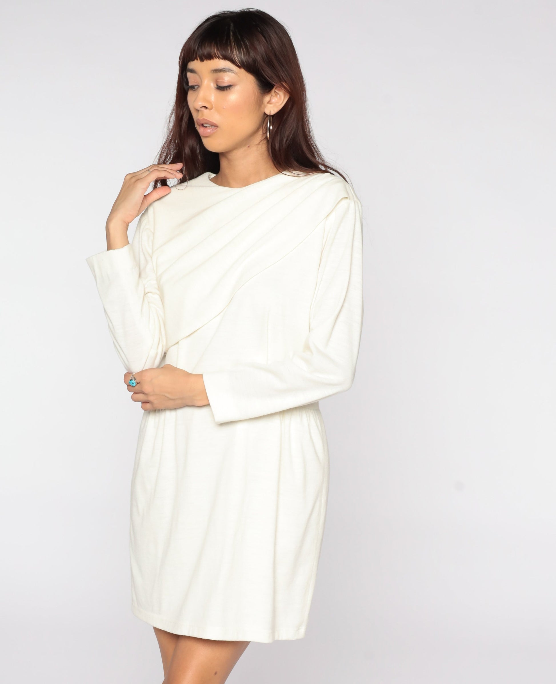 80s Off-White Mini Dress High Waist Long Sleeve Draped Medium