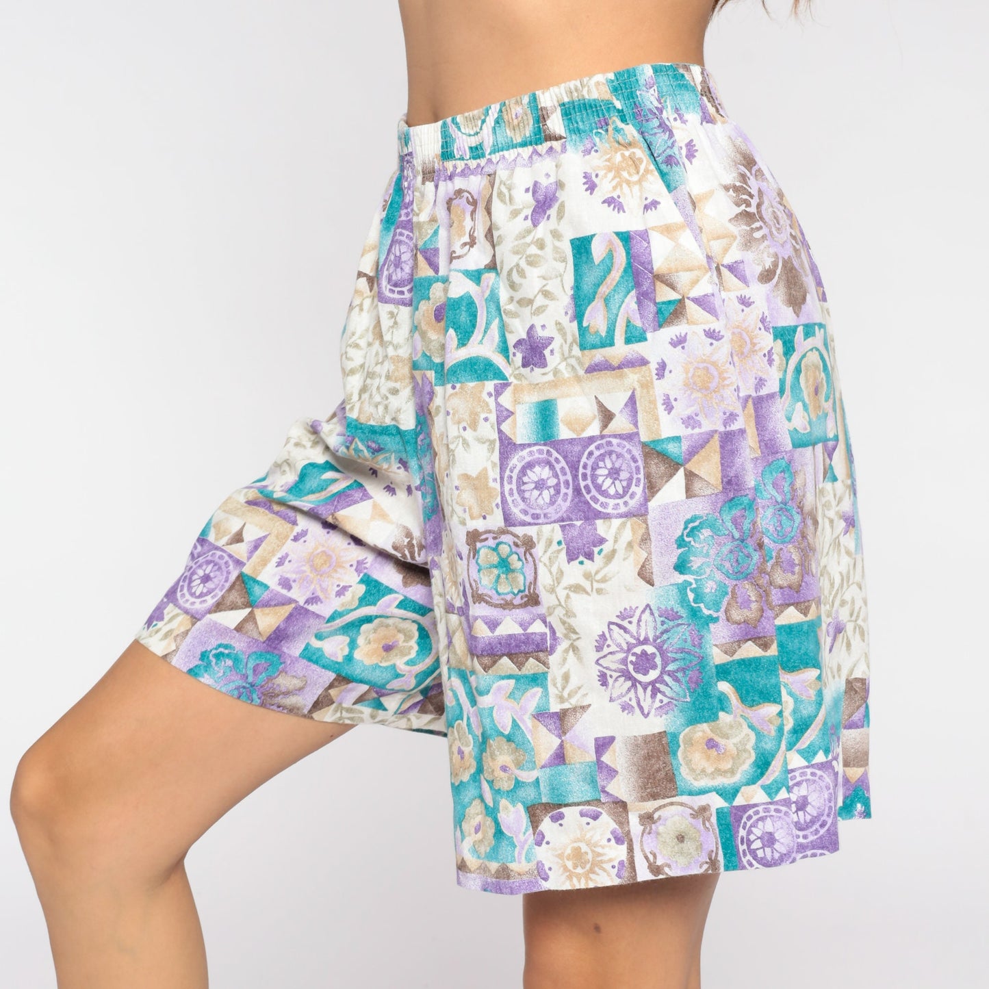 90s Floral High-Waisted Shorts Purple Turquoise Baggy Wide Leg Medium