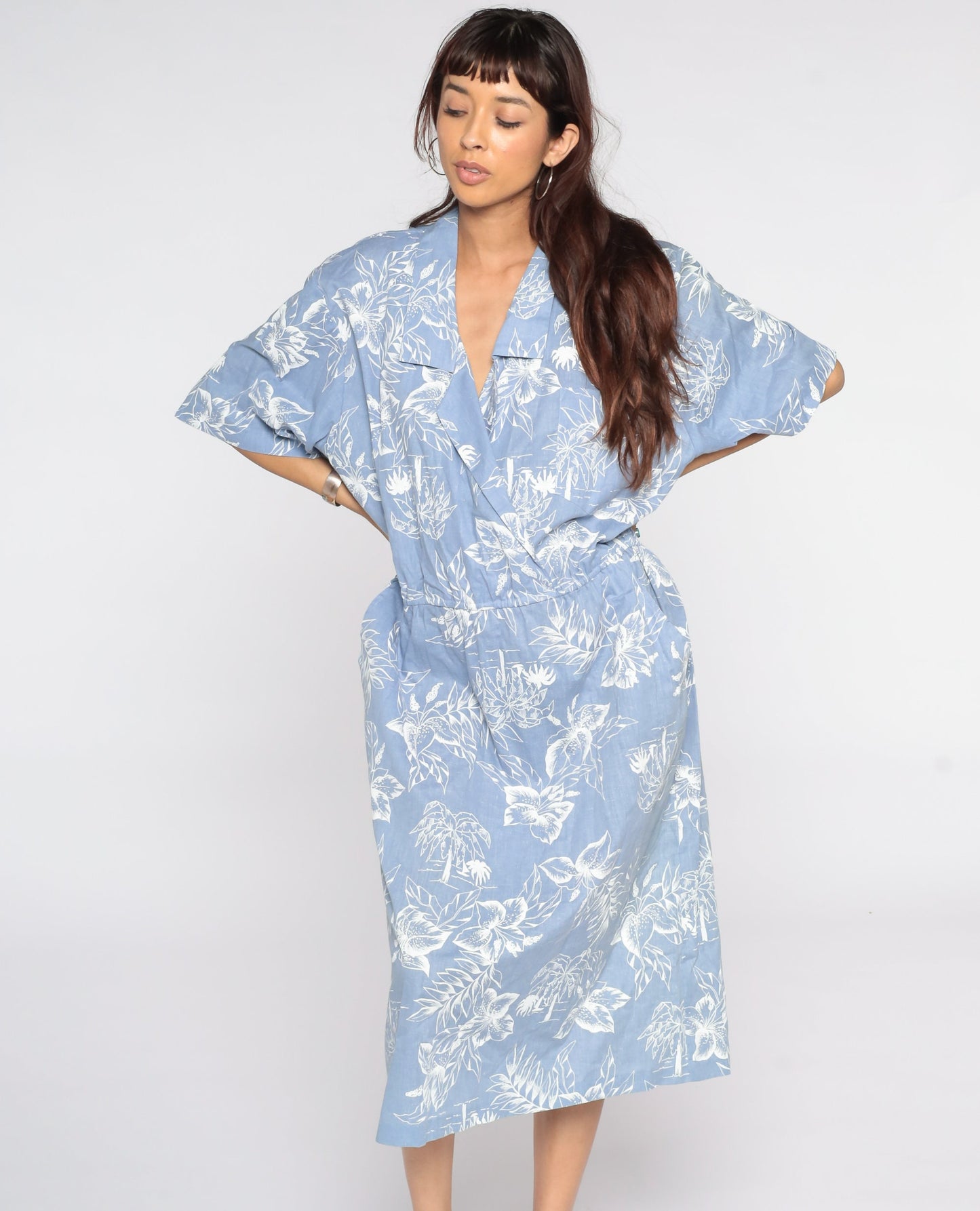 80s Tropical Palm Floral Midi Dress High Waist Wrap Blue Cotton Extra Large