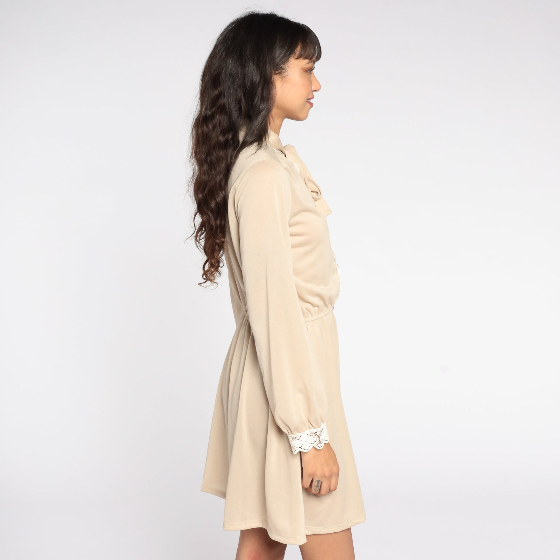 70s Toni Todd Secretary Dress Beige Lace Bow Button-Up Mini Medium