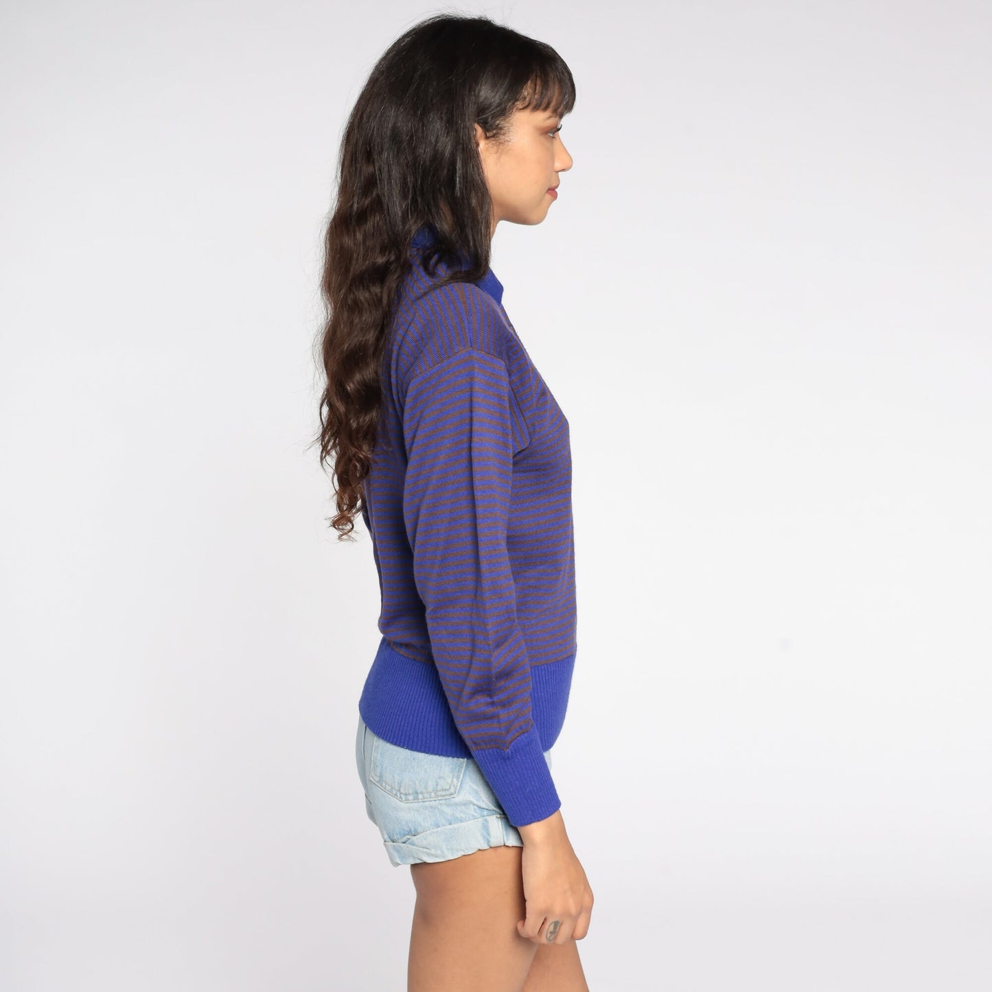 80s Purple Striped Knit Pullover Sweater Collar Buttons Small