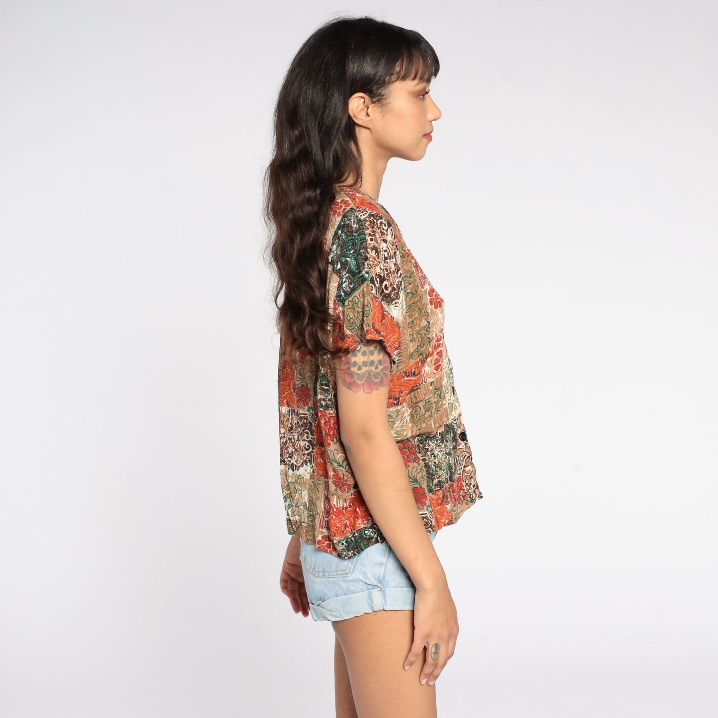 90s Patchwork Orange Floral Button-Up Shirt Rayon Blouse Medium