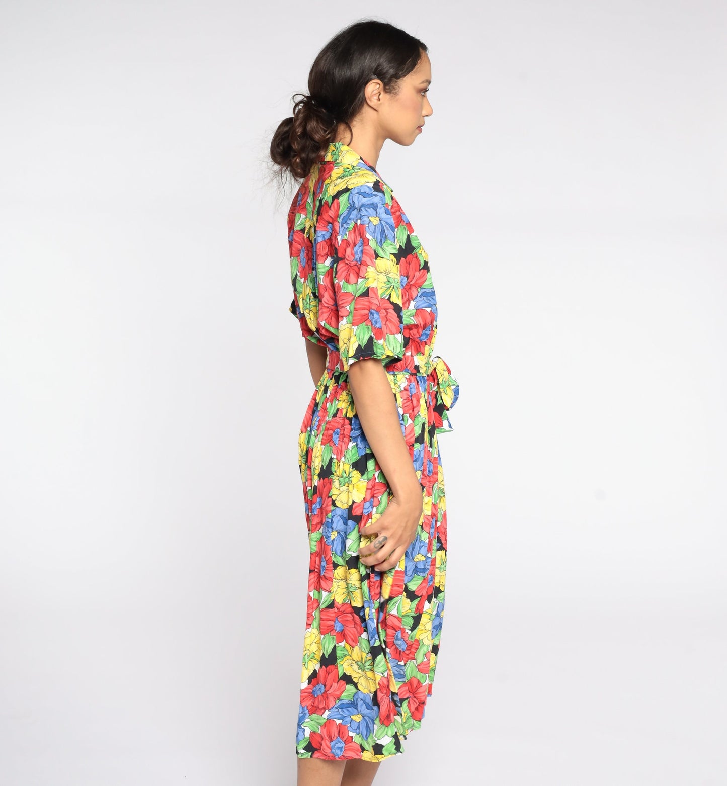 80s Floral Midi Dress High Waist Button Front Short Sleeve Red Yellow Blue Medium Large