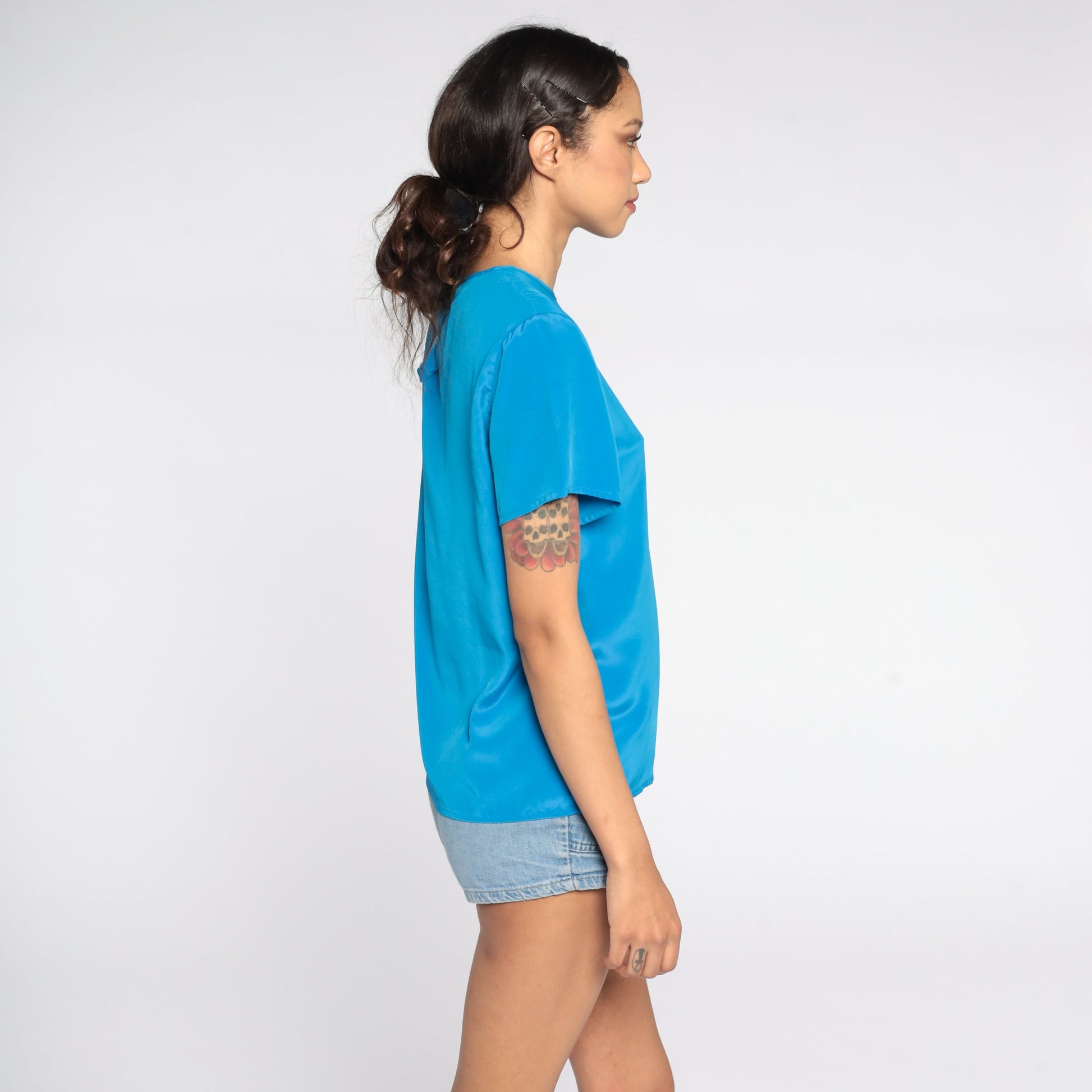 80s Blue Short Sleeve Blouse Plain Polyester Shirt Extra Small