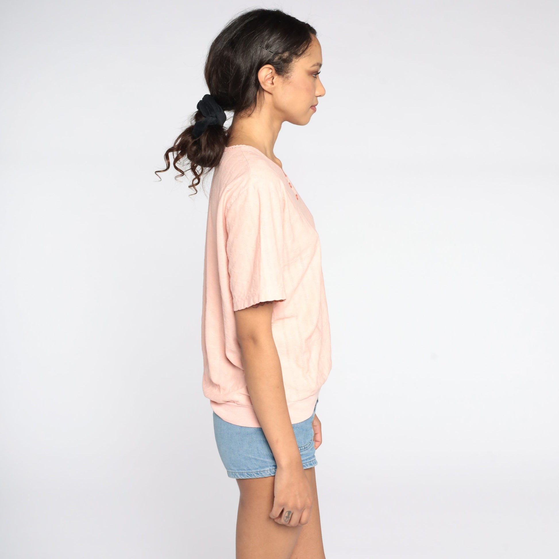80s Peach Slouchy Shirt Ribbed Banded Hem Short Sleeve Small Medium