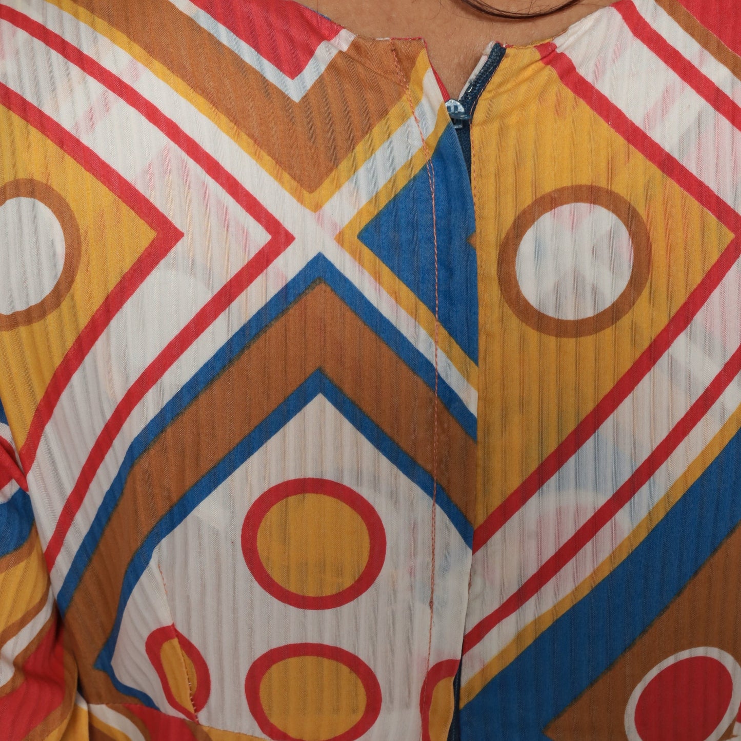 70s Geometric Print Babydoll Dress Empire Waist Mini Long Sleeve Yellow Blue Medium