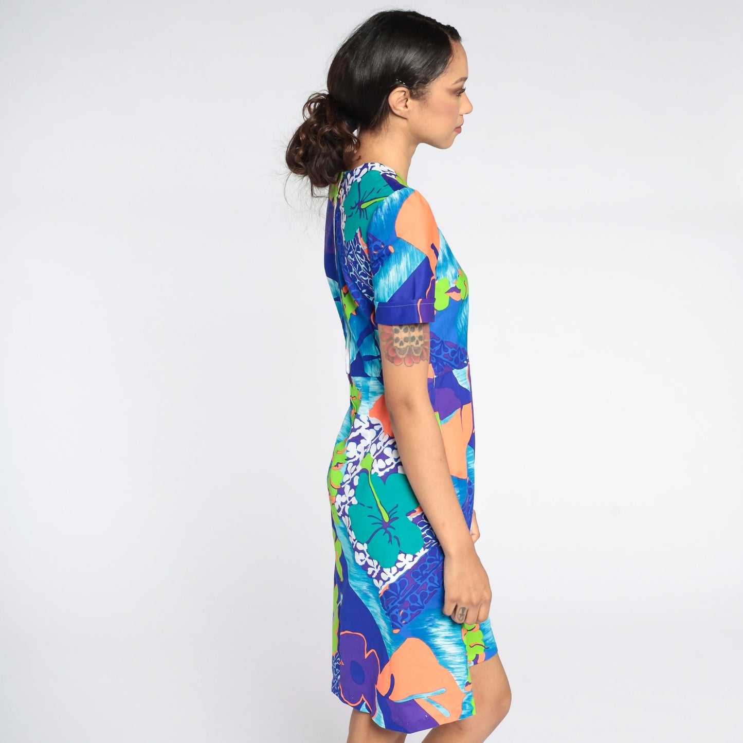 70s Floral Puff Sleeve Mini Dress Purple High Waist Knee Length Small