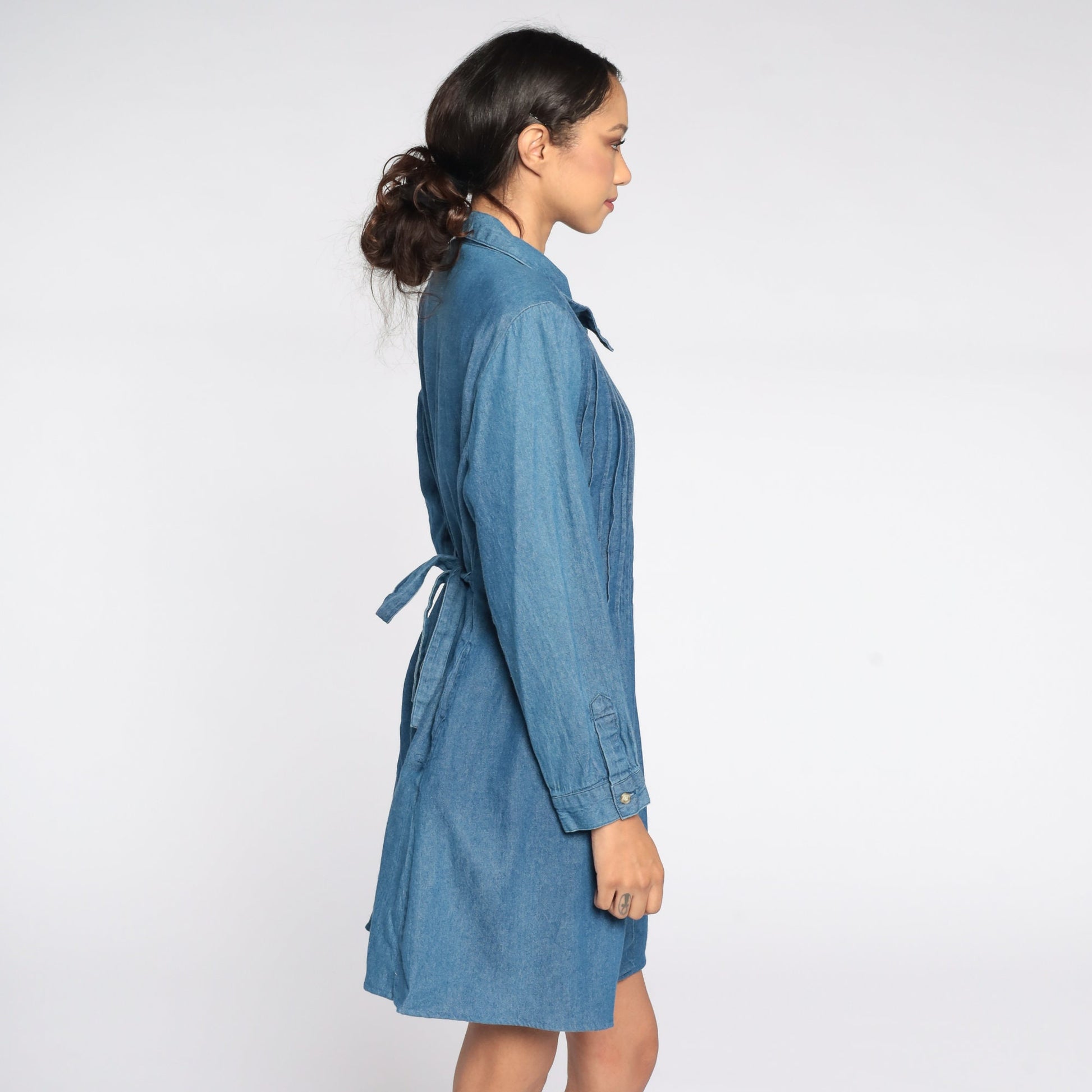 90s Blue Denim Mini Dress High Waisted Button Up Long Sleeve Extra Large XXL