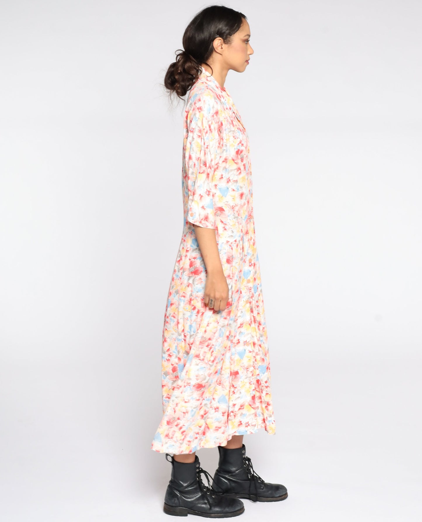 80s Floral Midi Shirtdress High Waist Button Front 3/4 Sleeve Small