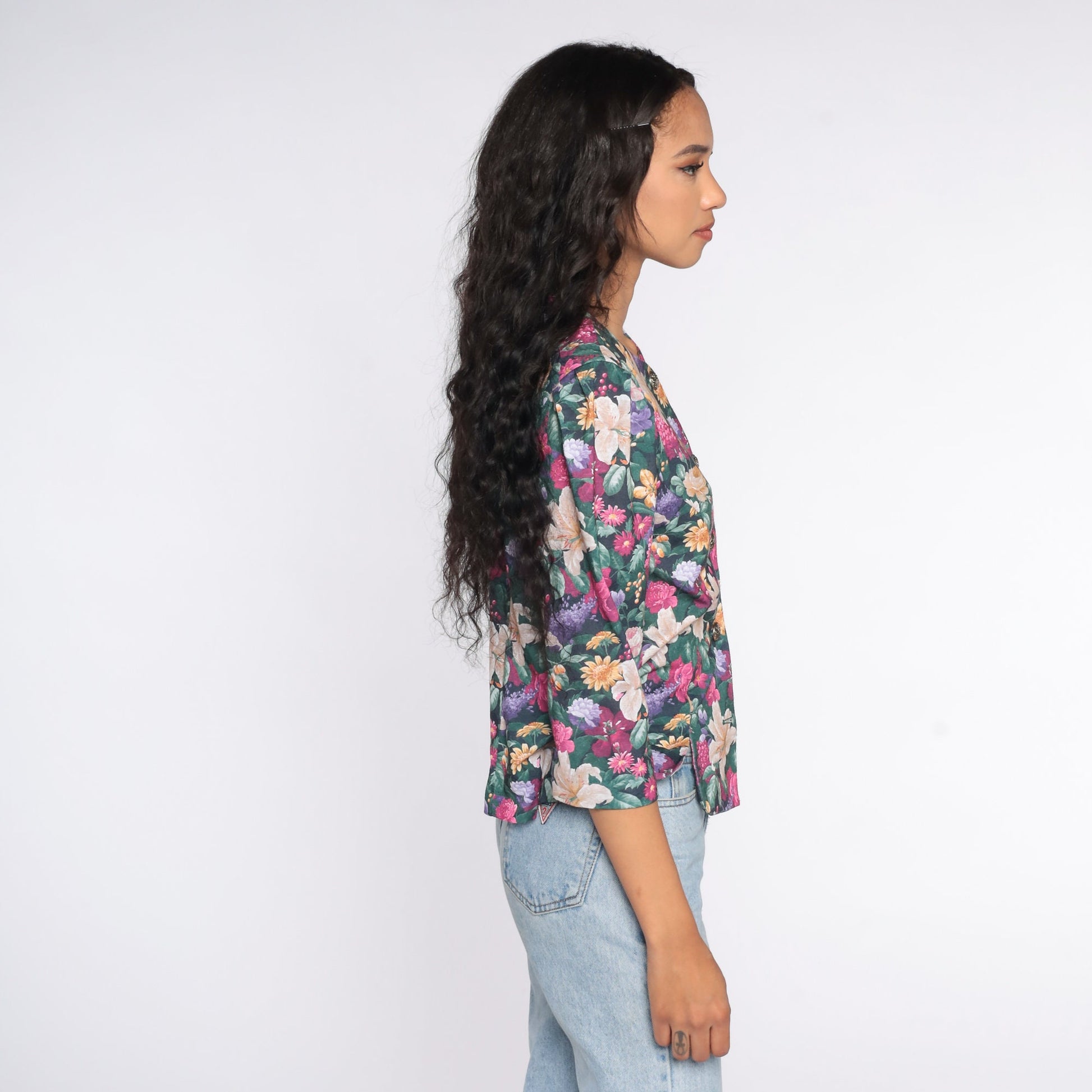 80s Floral Puff Sleeve Button-Up Blouse Polyester Medium