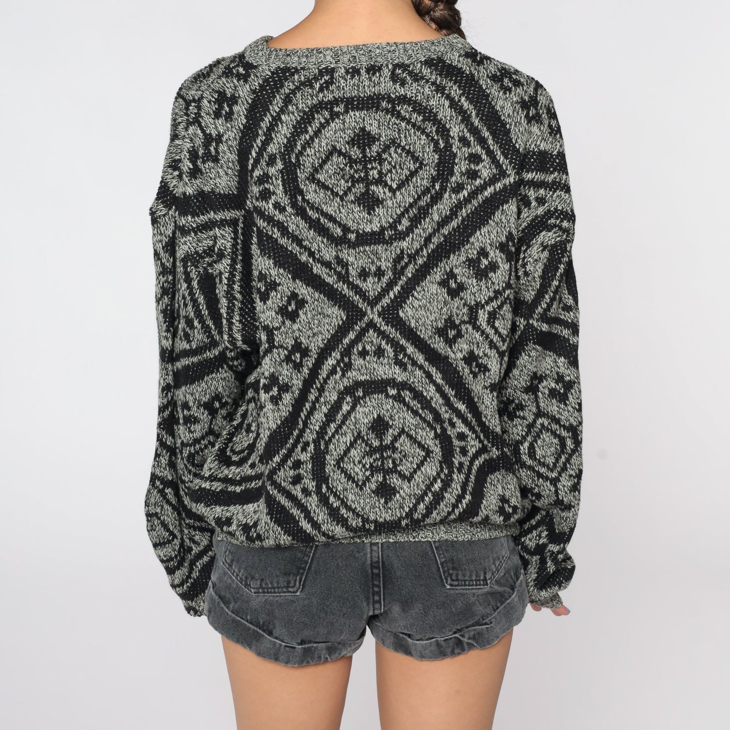 80s Geometric Knit Sweater Grey Jacquard Pullover Men's Medium